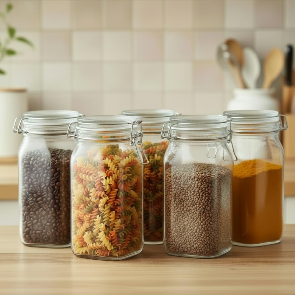 Ginoya Brothers  Kitchen Glass Jar (5, 1500 Ml. Cube Jar)