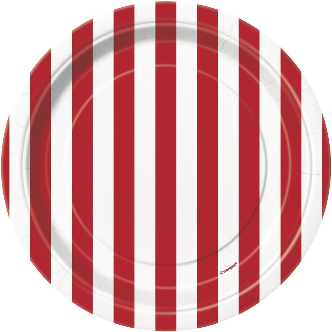 Dazzling Ruby Red Stripes Round Dessert Plates - 7'' (8 Count) - Perfect For Parties, Events & Celebrations