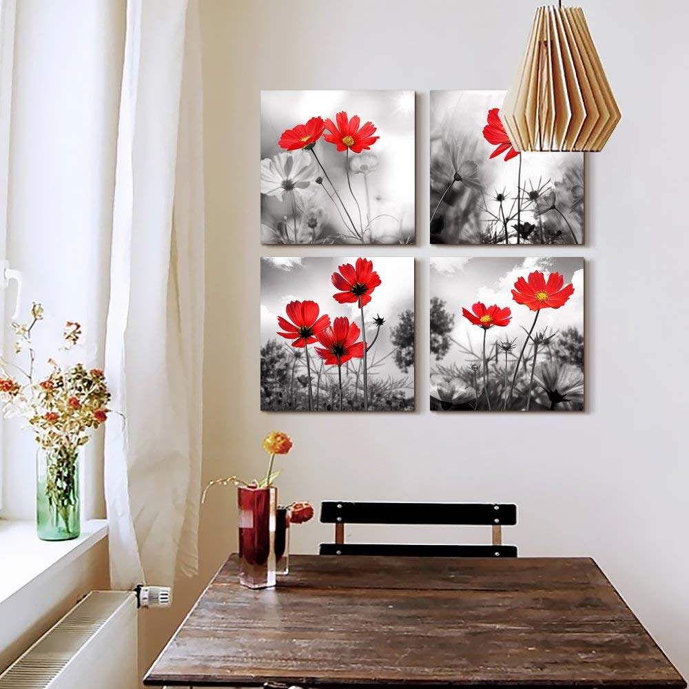 Wall Art 4Panel Modern Salon Theme Black And White Plant The Red Flower Flower Abstract Painting Still Life Canvas Wall Art For