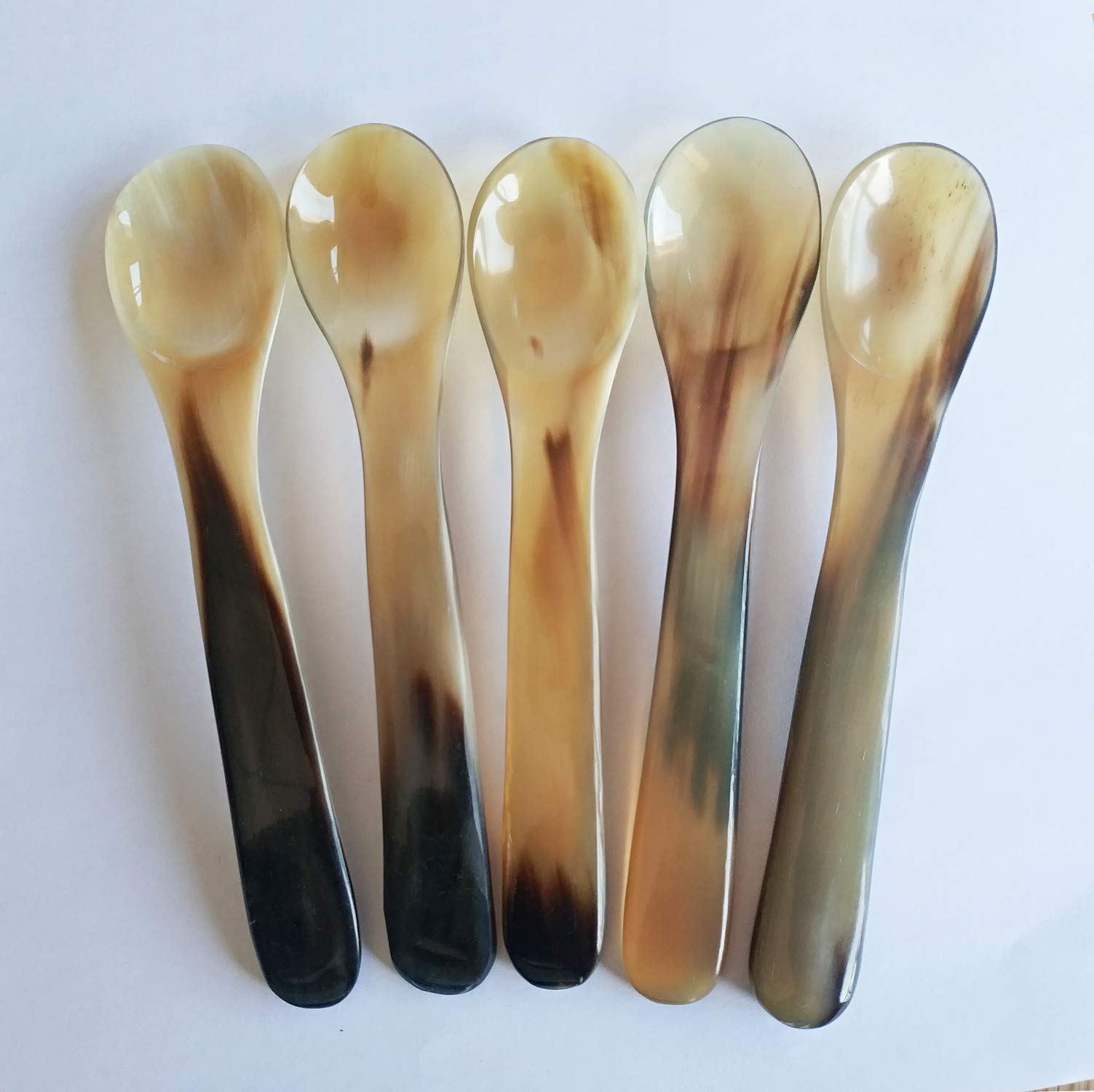 Duebel Set Of 5 Naturally Handcrafted Buffalo Horn Spoons, 5.6'' X 1.1'' Dinner Ware Serving Spoon (Light Color)