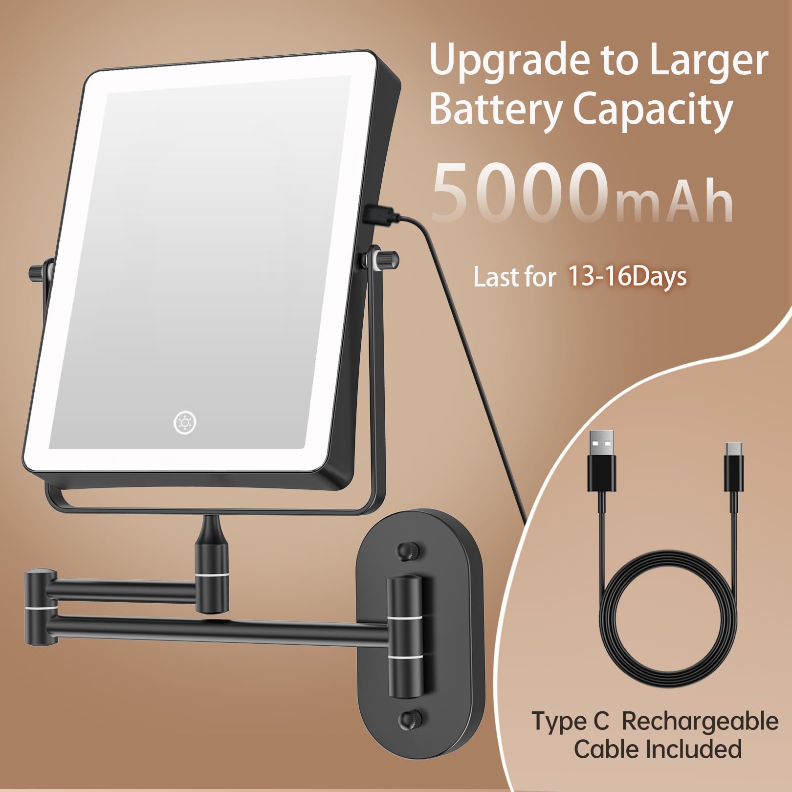 FASCINATE 5000mAh Rechargeable Wall Mounted Makeup Mirror, 8.7  Double Sided Touch Switch 1X 30X Rectangle Magnifying Mirror wit