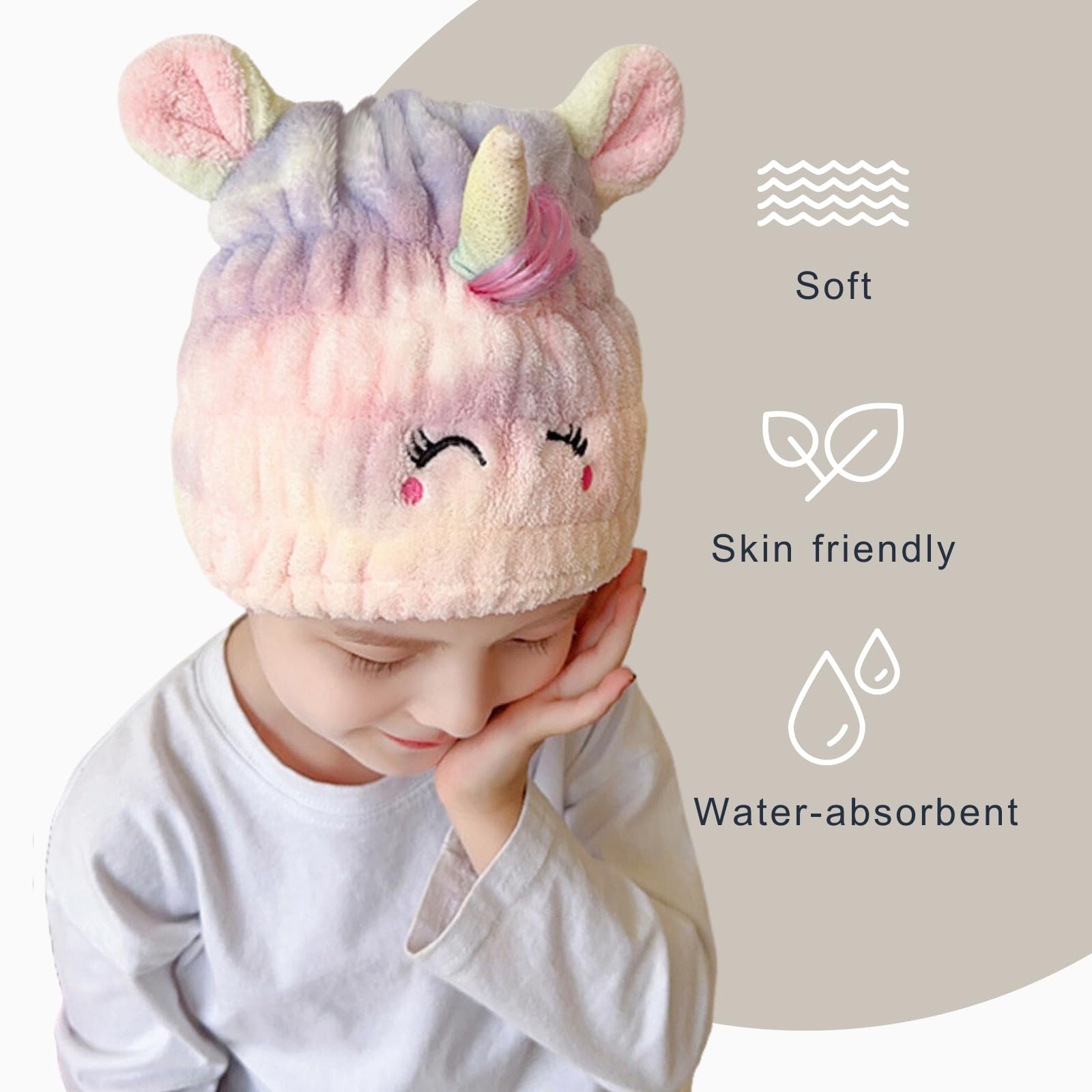 LCBD Microfiber Hair Towel Wrap for Kids, Unicorn Dry Hair Cap Set with Hair Scrunchies, Soft Absorbent Quick Hair Drying Towel