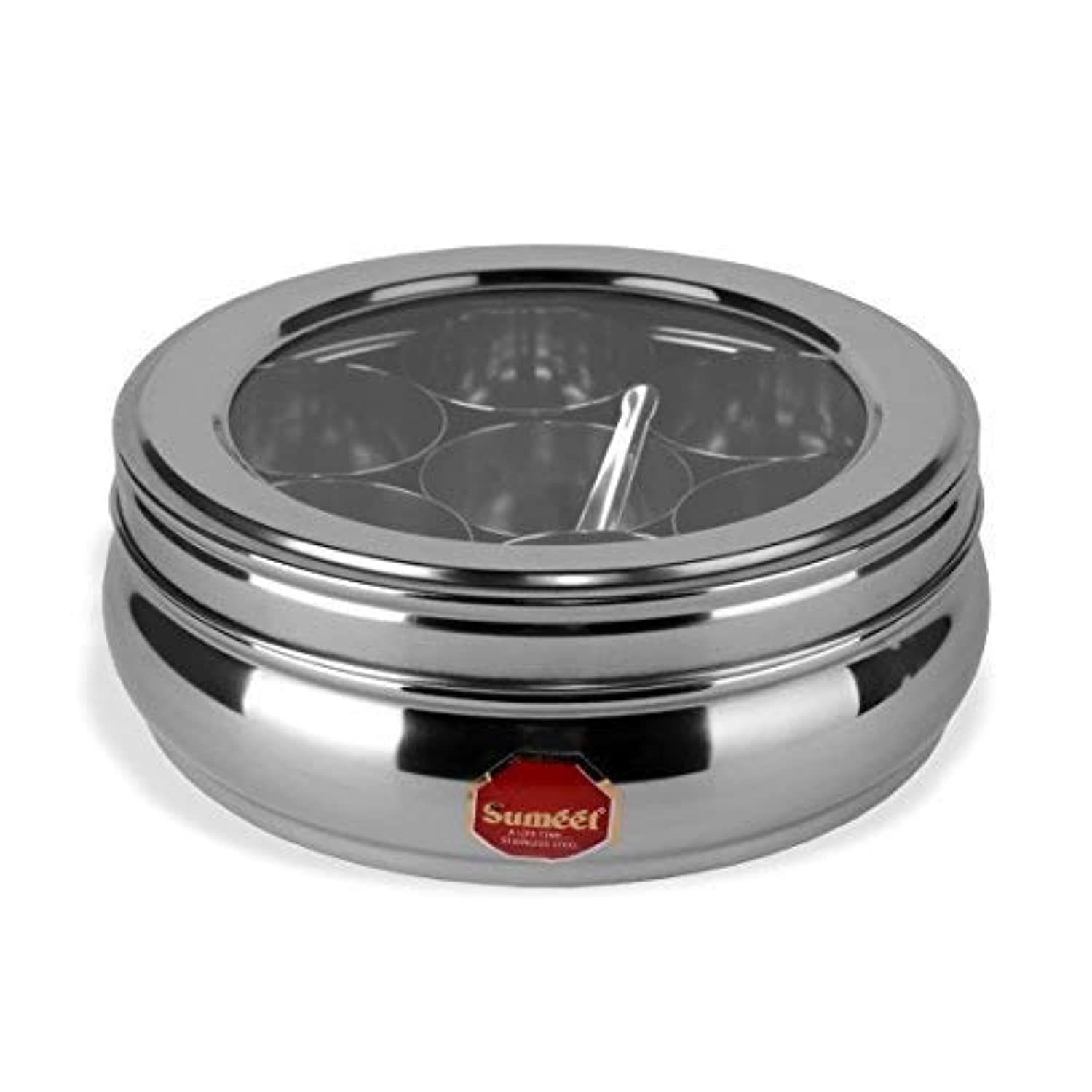 Sumeet Stainless Steel Belly Shape Masala (Spice) Box/Dabba/Organiser with See Through Lid with 7 Containers and Small Spoon (Sm