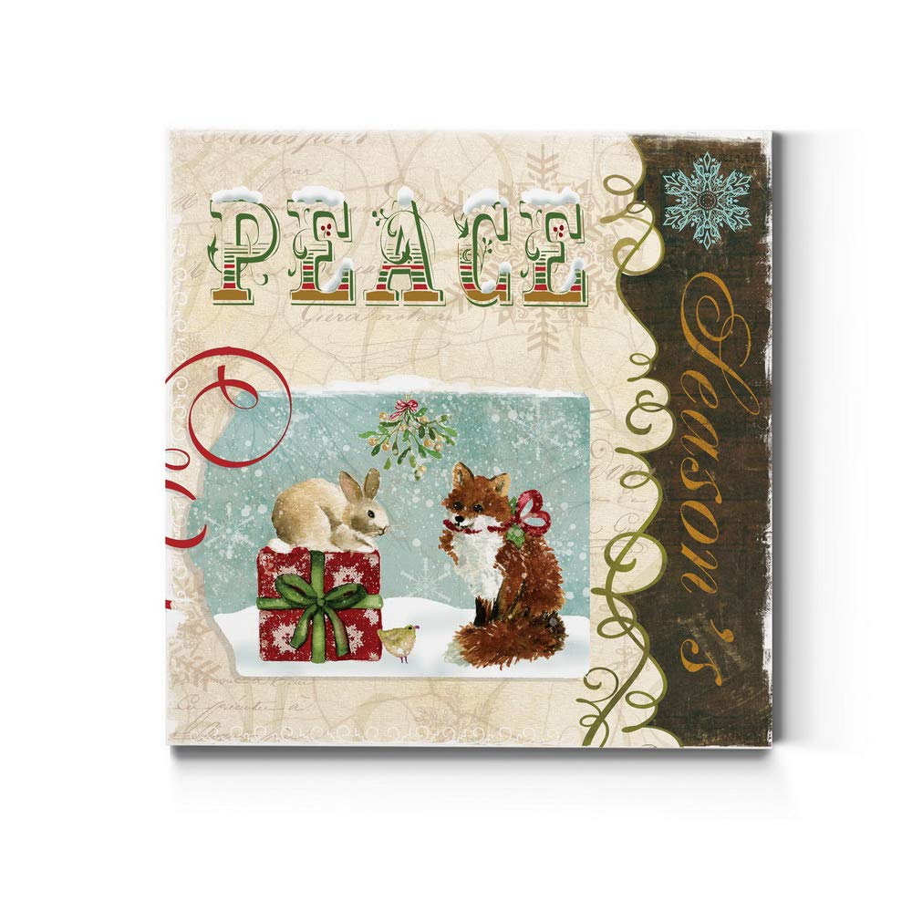 Renditions Gallery Christmas Peace Wall Art, Cute Winter Decor, Festive Rabbit, Fox, And Bird With Present, Premium Gallery Wrap