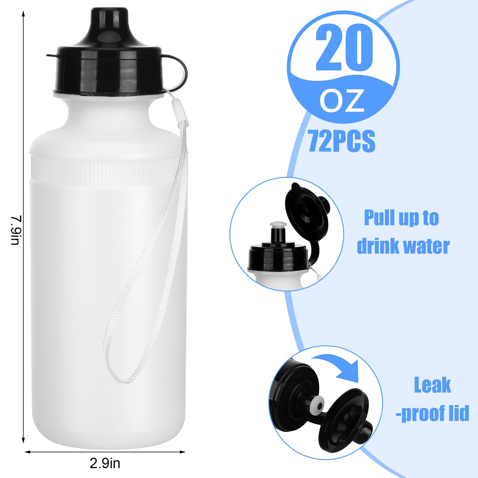 Ziliny 72 Pcs Reusable Water Bottles Bulk 20 oz Squeeze Plastic Sports Water Bottles with Nylon Strap Leak Proof Blank DIY Cups