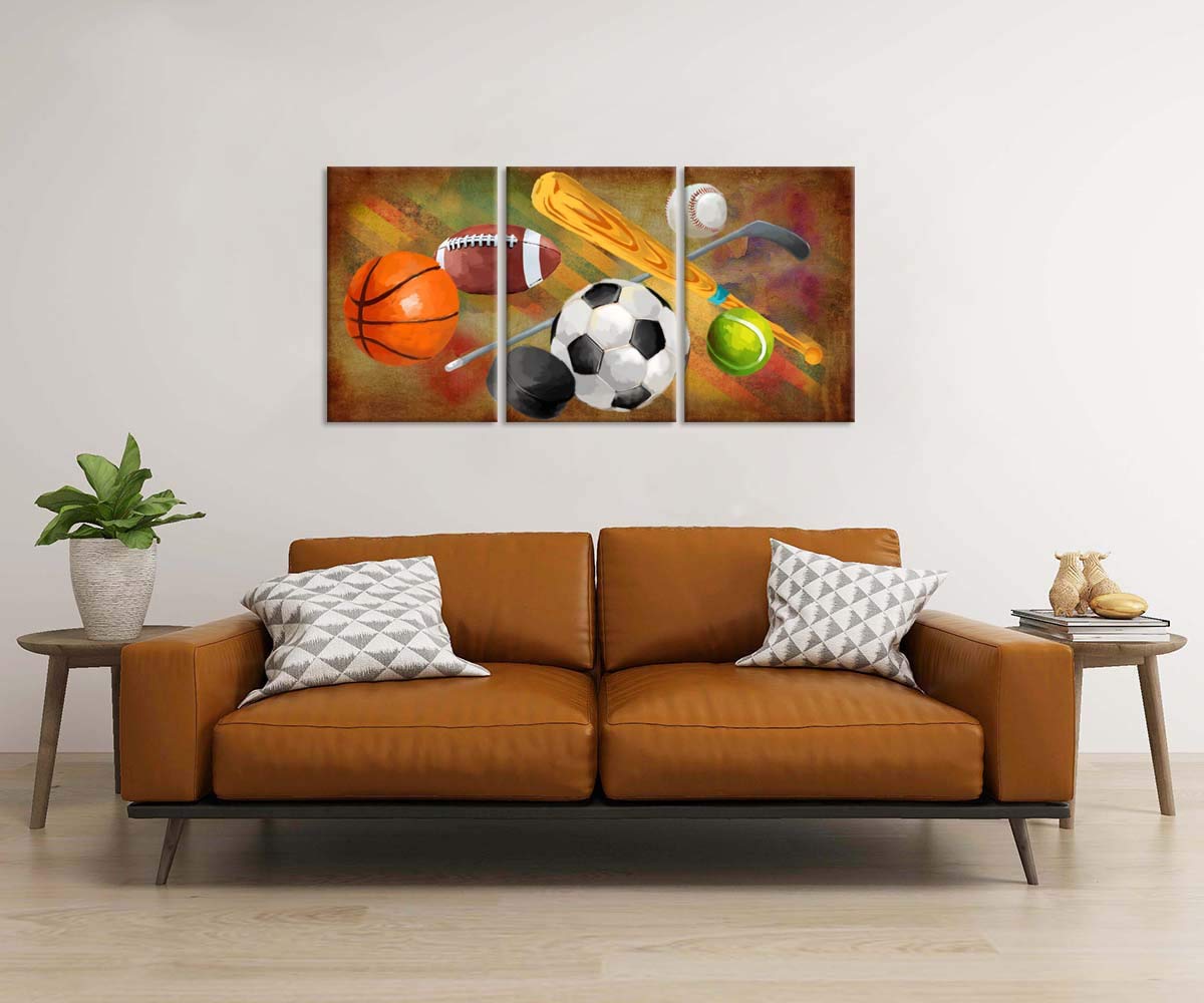Zlove 3 Pieces Sports Canvas Wall Art Rustic Soccer Football Baseball Basketball Sports Themed Artwork For Home Kids Room Decor