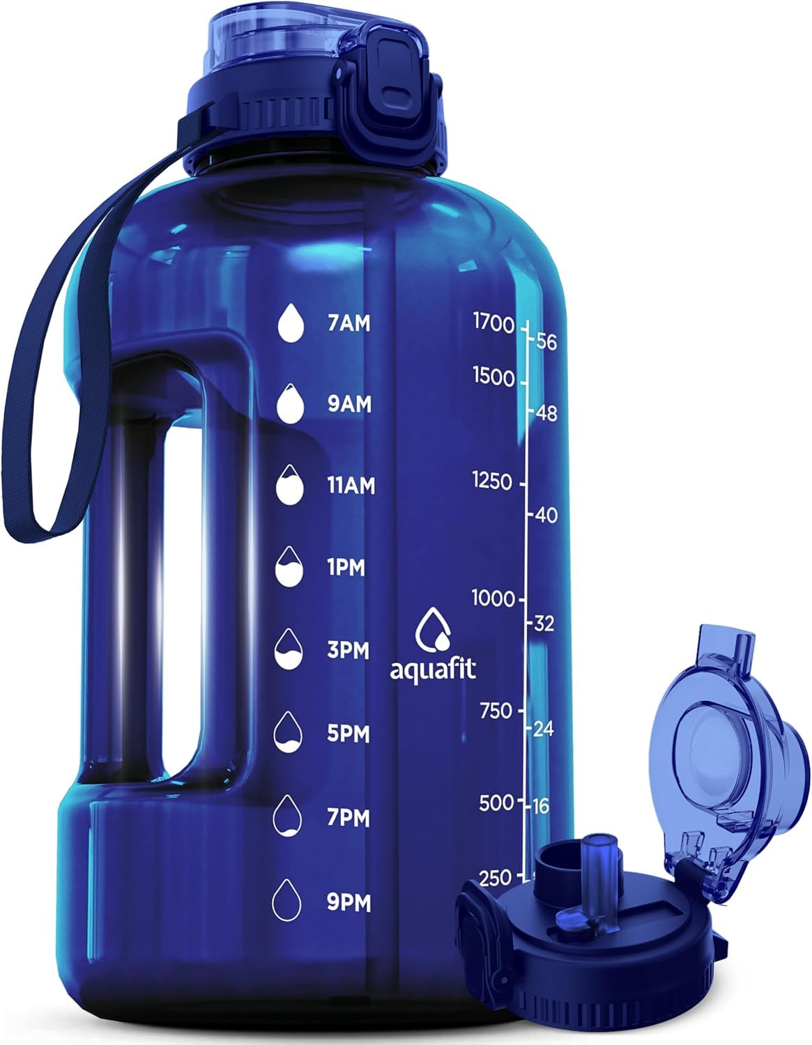 AQUAFIT Half Gallon Water Bottle with Time Marker - Straw & Chug Lid - BPA Free Gym Water Bottle with Straw - Big Gallon Jug (Bl