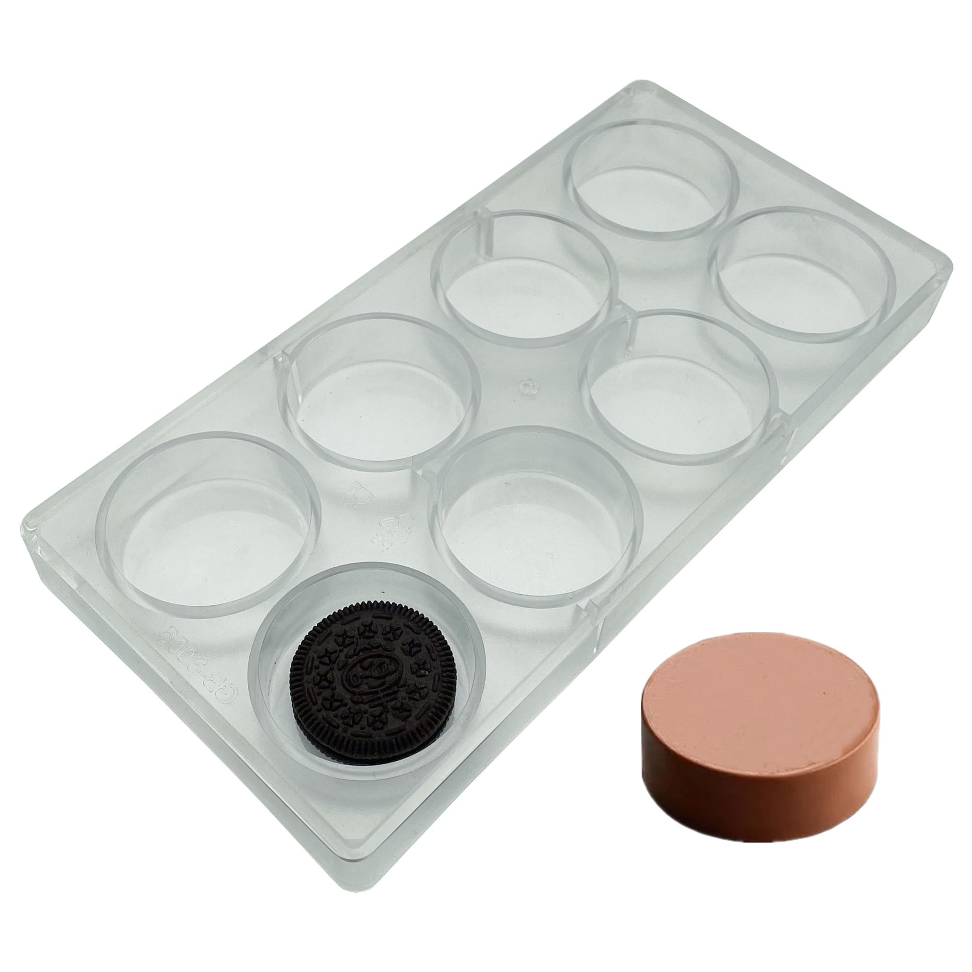 Goldbaking Polycarbonate DIY Tool Round Plain Cookie Chocolate Mold For Oreo Making Deep Filled Chocolates Mould, 8 Cavity Clear