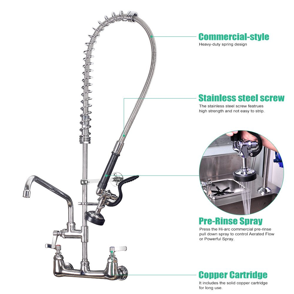 CWM Commercial Sink Faucet with Sprayer 36 inch Commercial Faucet Pre Rinse Sprayer 8 inch Wall Mount Center with 12 inch Add on Spout