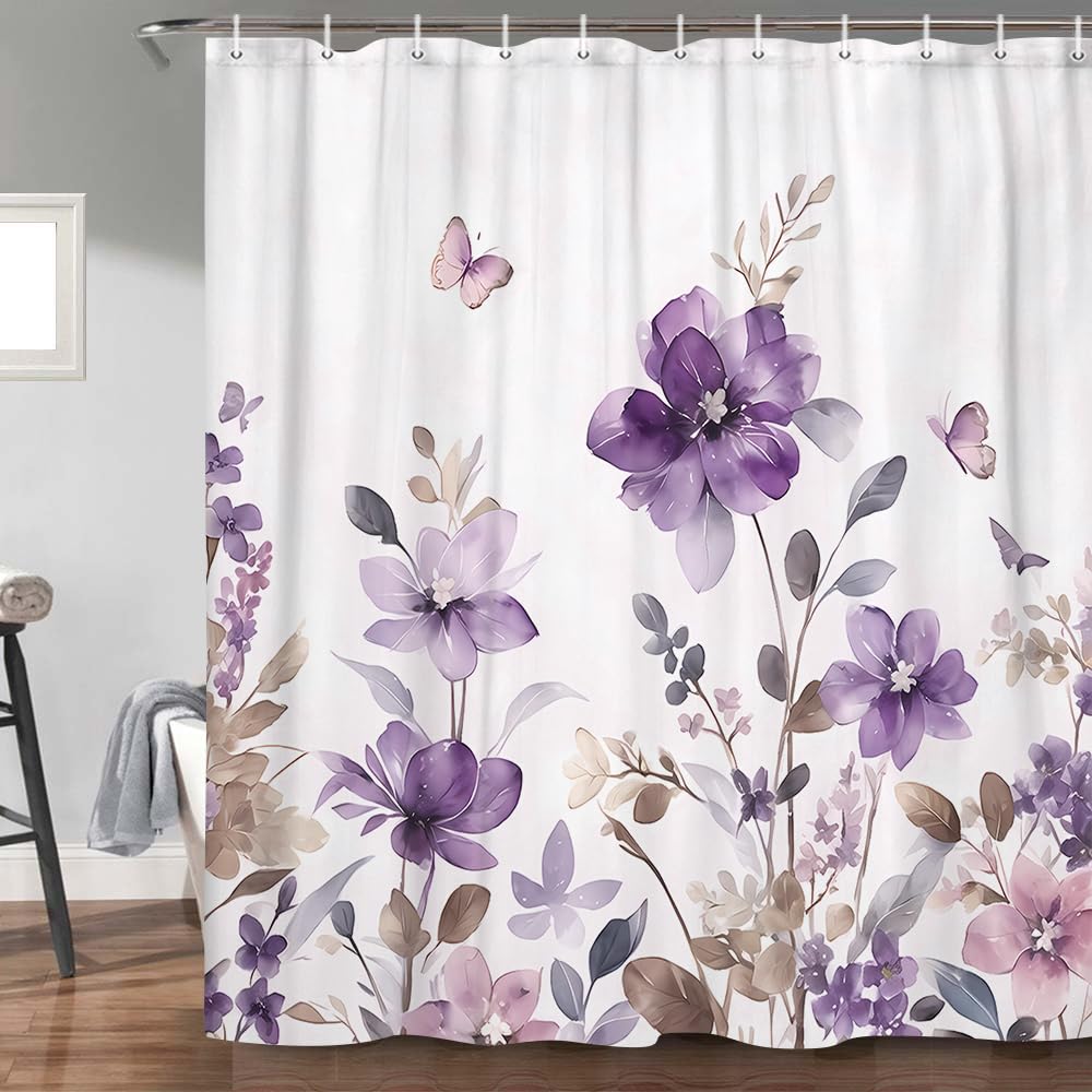 Purple Floral Shower Curtain, Farm Watercolor Flower Leaves And Butterfly On Country Wooden Shower Curtain For Bathroom, Rustic