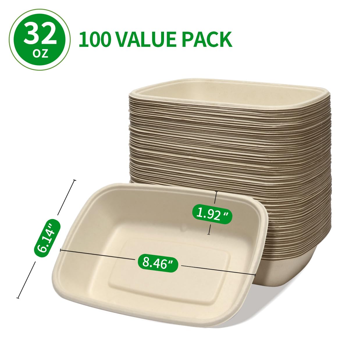 Bloomoon 100 Pack 32 Oz Large Rectangle Paper Bowls For Taco Salad, Burrito, Nacho, Pasta, Baked Potatos, Compostable 32Oz Dispo