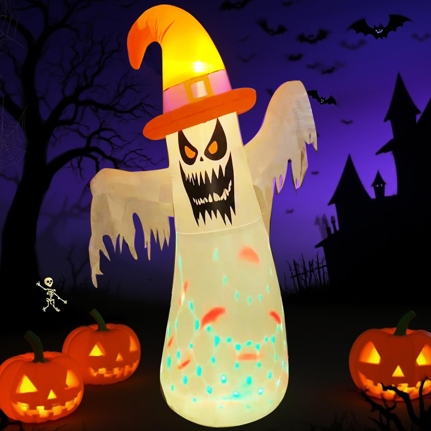 JUST FOR PARTY 8.2 Ft Halloween Inflatable Giant Ghost Outdoor Decorations, Blow Up Spooky Wizard Ghost with Yellow Cap and Buil