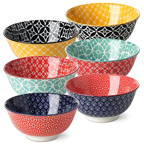 Dowan 23 Oz Colorful Bowls Set Of 6 - Ceramic Bowls For Soup, Cereal, Fruit - Vibrant Patterned Porcelain Bowls For Kitchen Deco