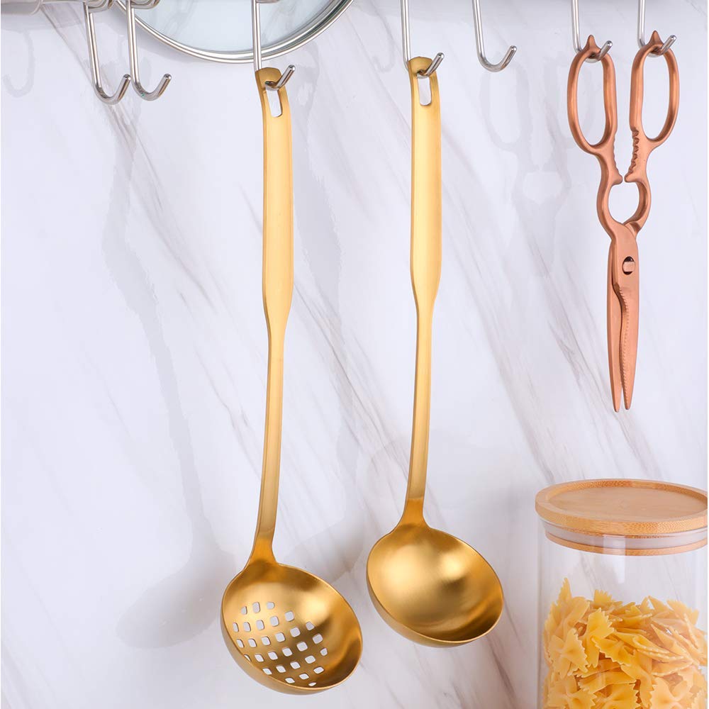 2 Pieces Gold Metal Soup Ladle Colander Set, Long Handle Stainless Steel Kitchenware Cookware Serving Spoon Cooking Utensil For