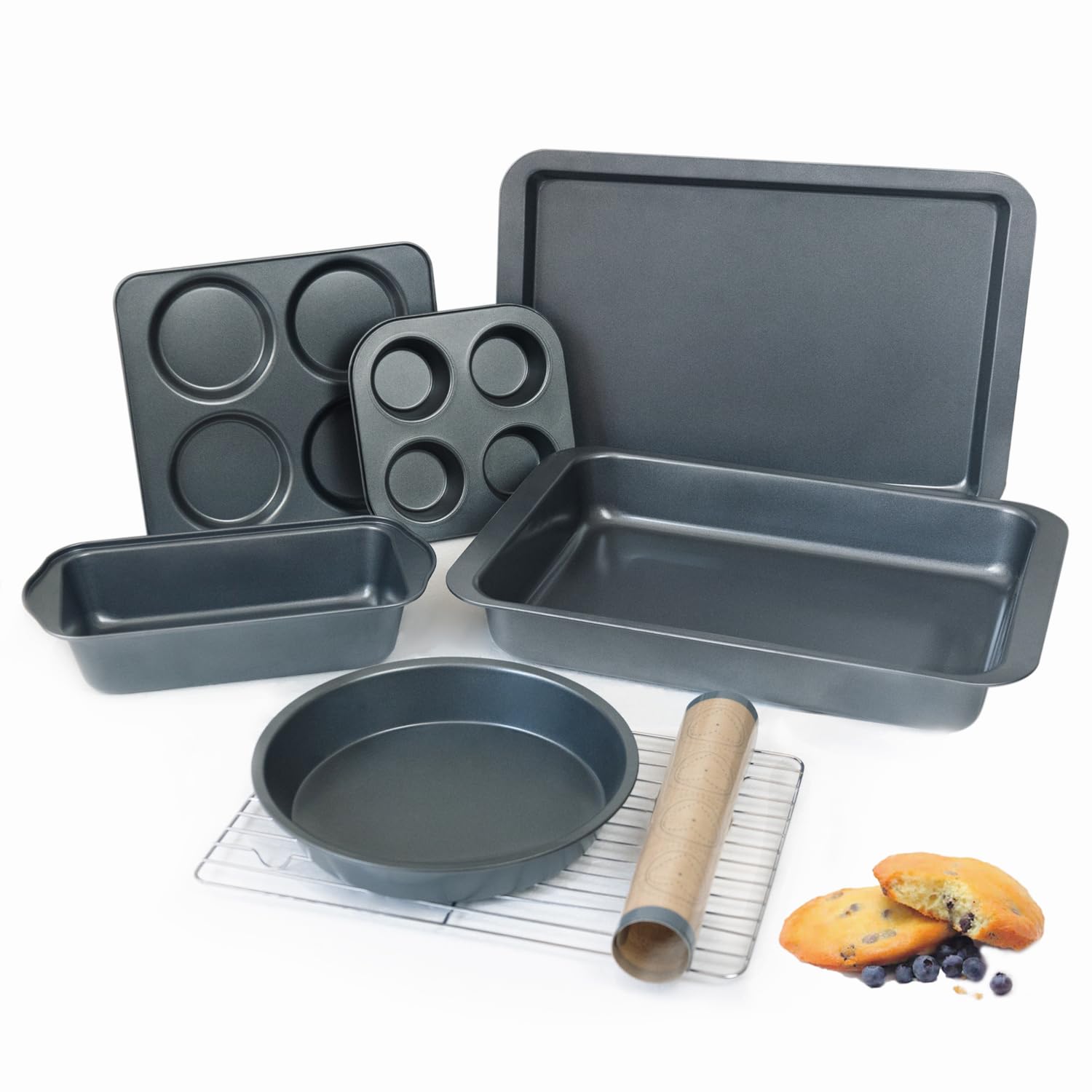 8-Piece Baking Pans Set With Rack, Nonstick Bakeware Include Muffins & Muffin Tops Pan, Baking Tray, Cookie Sheet With Mat, Loaf