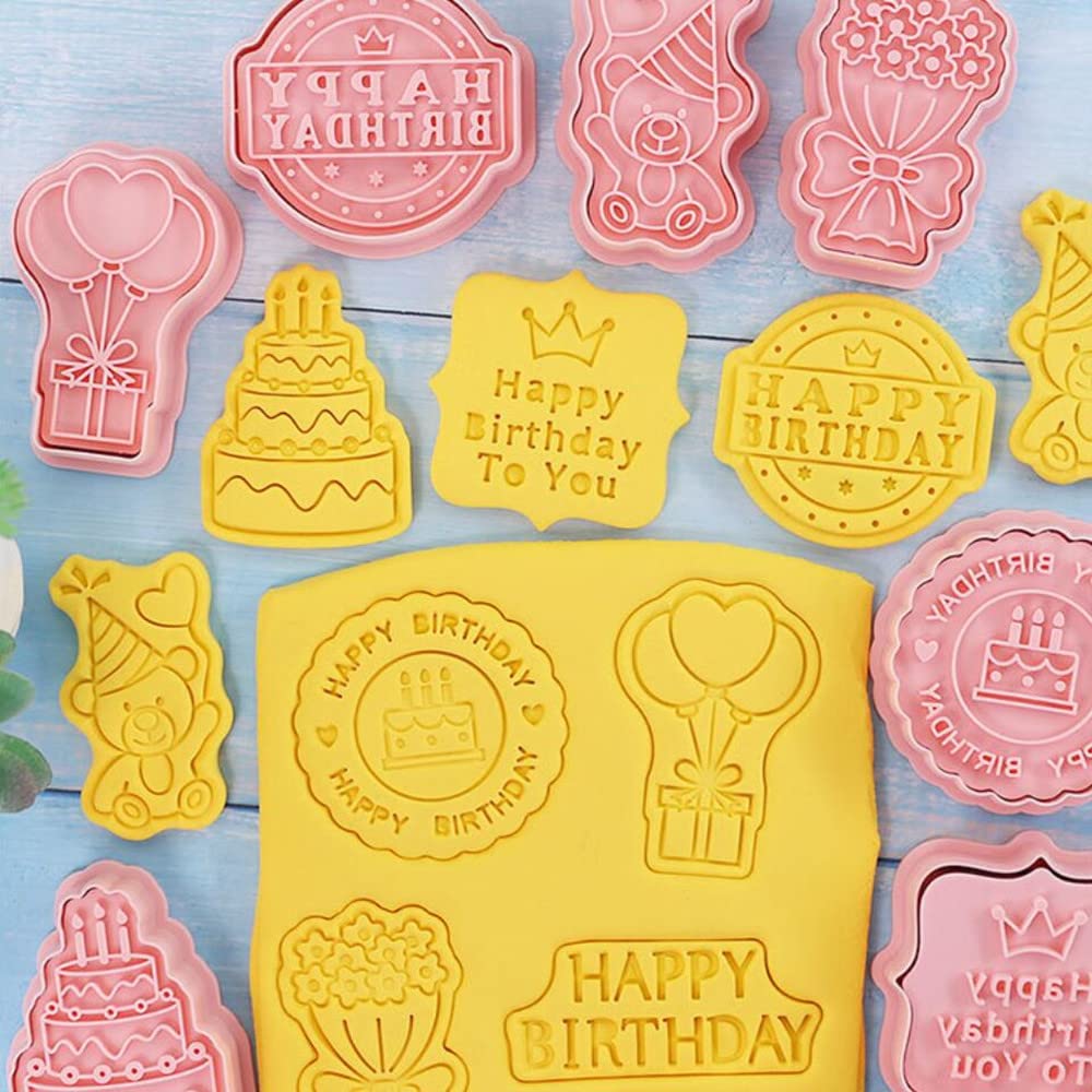 Happy Birthday Cookie Cutters,3D Birthday Cookie Press Cookie Moulds For Baking, Cookie Mould Press Birthday Cookie Mould Set Ki