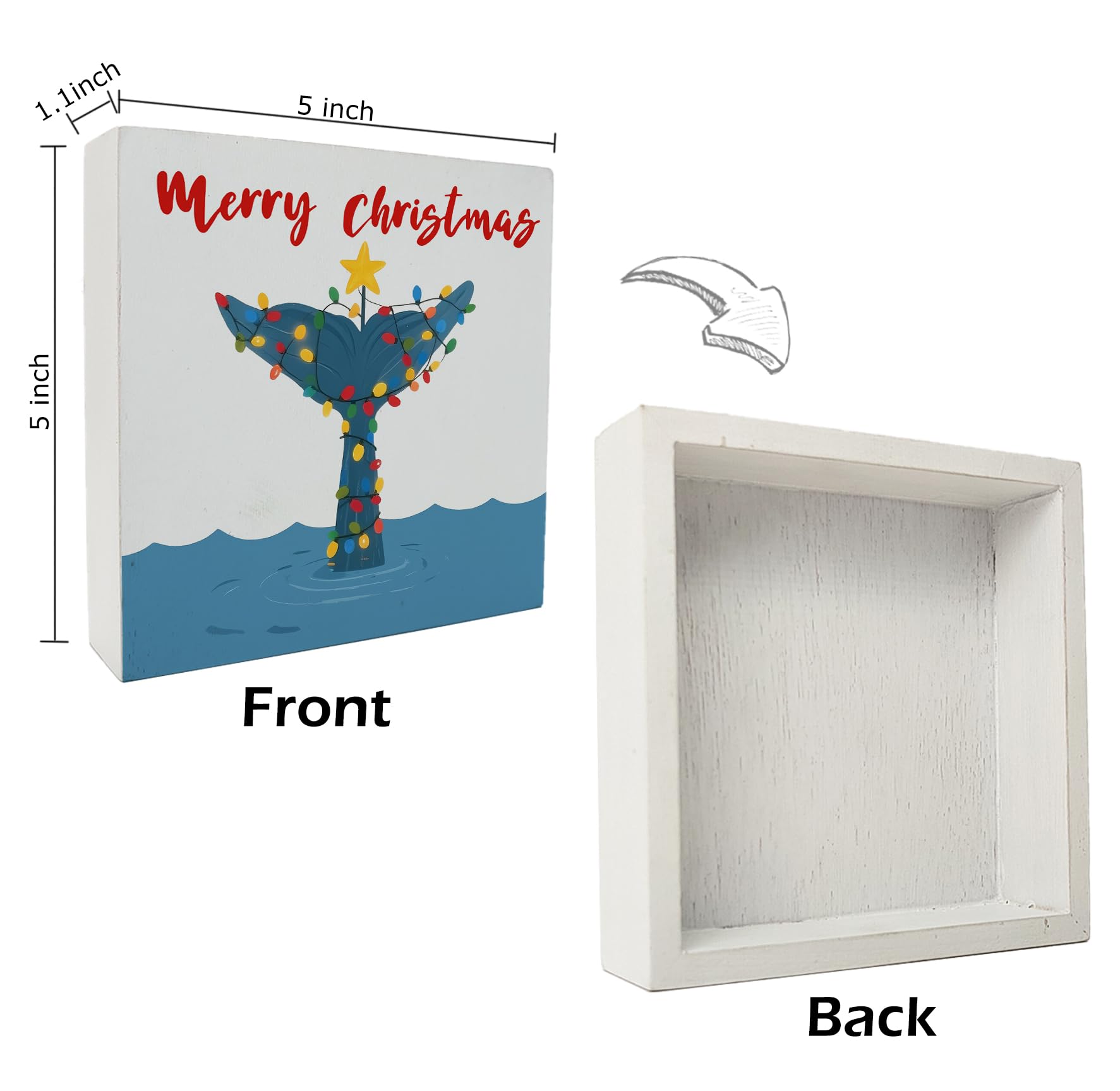 kunlisa Coastal Christmas Whale Tail Wooden Sign, Christmas Beach Decor, Nautical Xmas Ocean Whale Holiday Wood Box Sign for Hom