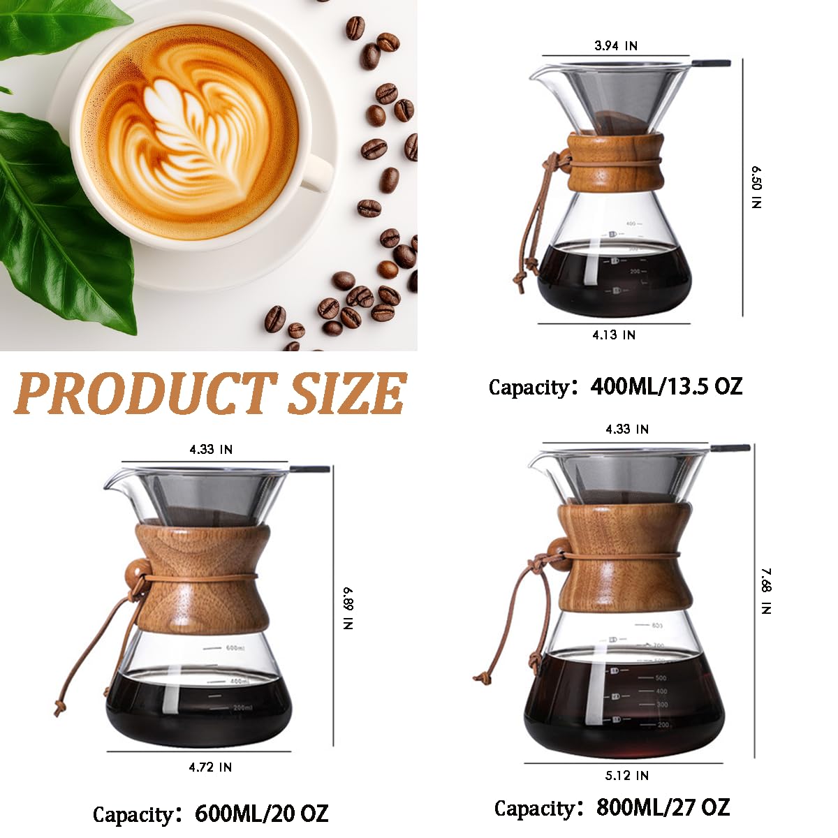 Cofisuki Pour Over Coffee Maker With Reusable Stainless Steel Drip Filter, Lead-Free Borosilicate Glass Coffee Carafe With Moder