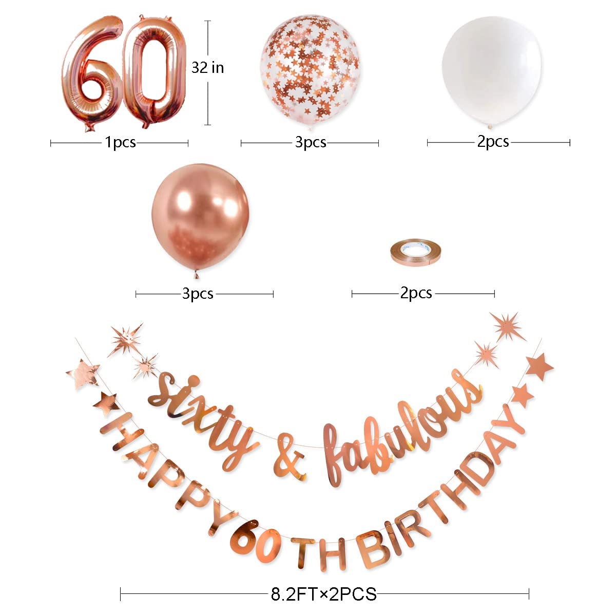 Rose Gold Sixty & Fabulous Happy 60Th Birthday Banner Garland Foil Balloon 60 For Womens 60Th Birthday Decorations Hanging 60 An