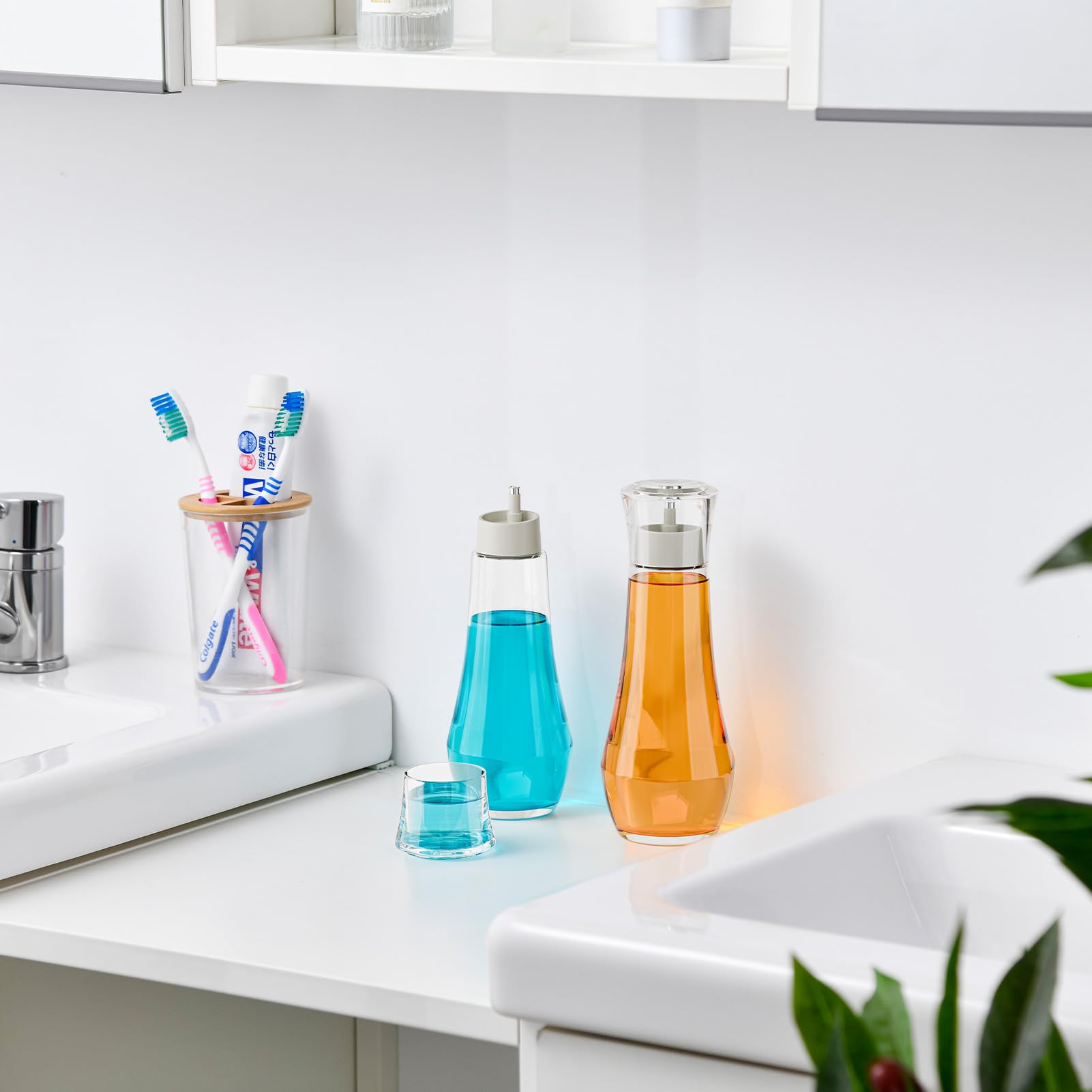 Vitviti Glass Mouthwash Dispenser For Bathroom, 8.8Oz Mouth Wash Container Bottle With Lid Cup, Small Clear Refillable Mouthwash