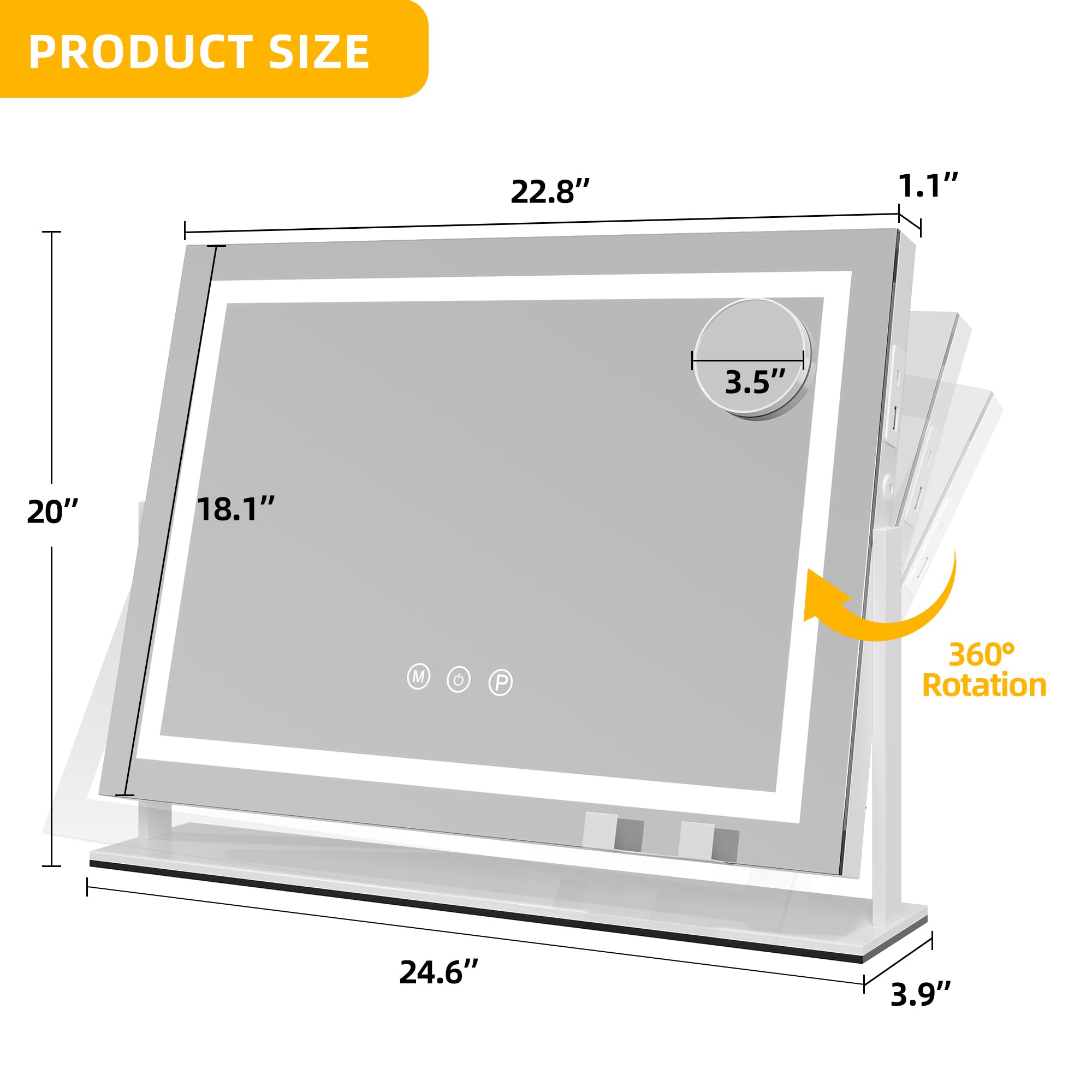 Yitahome Vanity Mirror With Lights 24.6''X20'' Led Lighted Makeup Mirror, Dimmable 3 Color, Large Makeup Mirror With Lights, Led