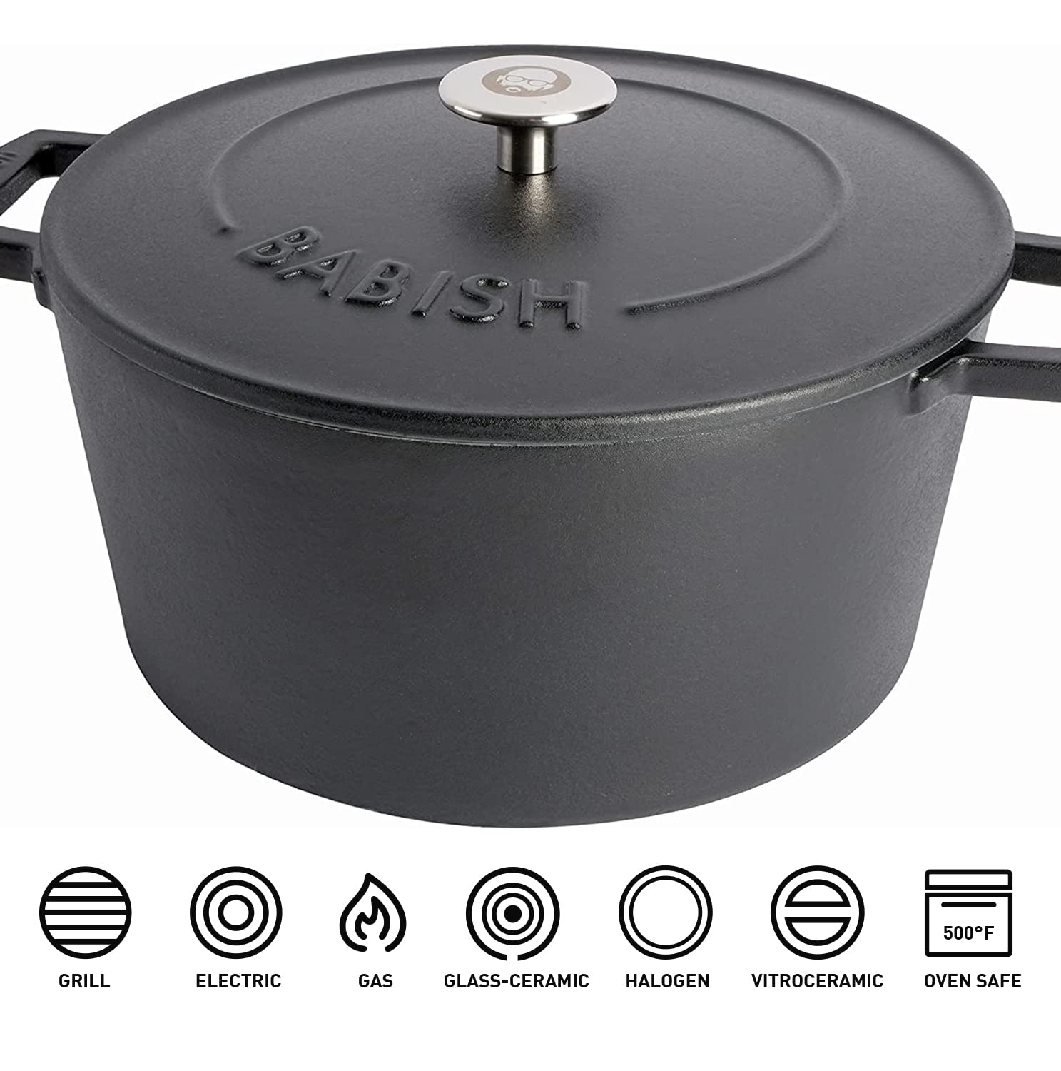 Babish Round Enamel Cast Iron Dutch Oven W/Lid, 6-Quart, Matte Black