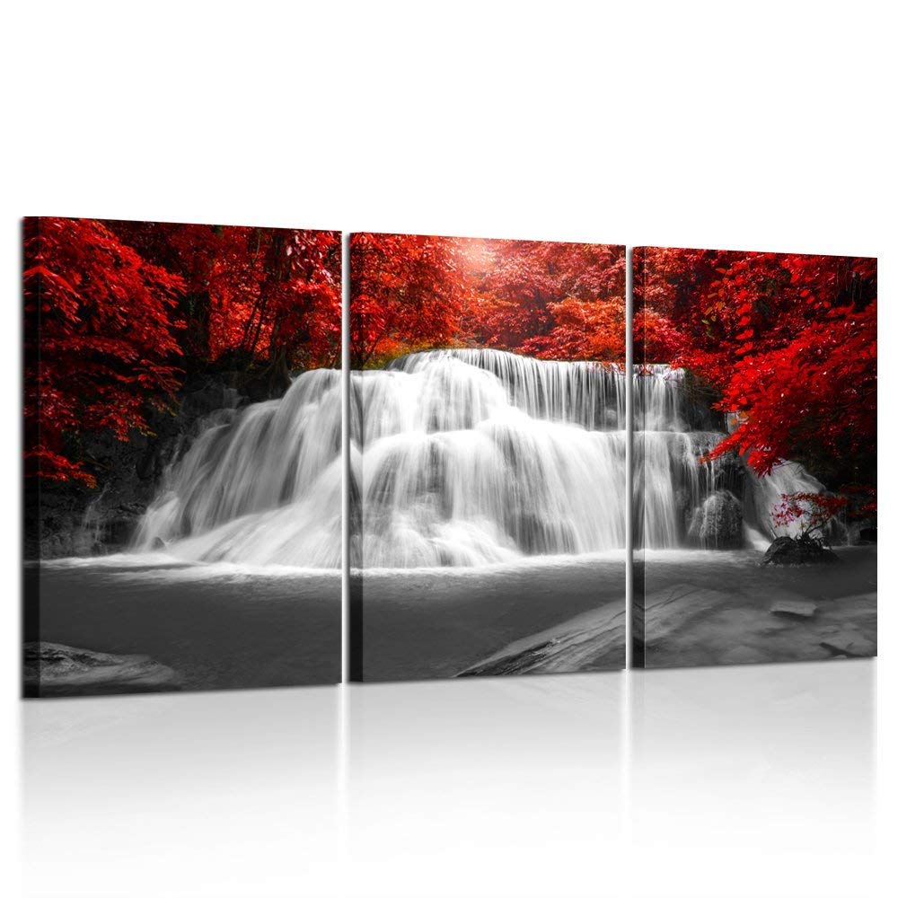 Kreative Arts Black White And Red Canvas Wall Art 3 Pieces Red Woods Waterfall Canvas Print Landscape Paintings Framed Picture F