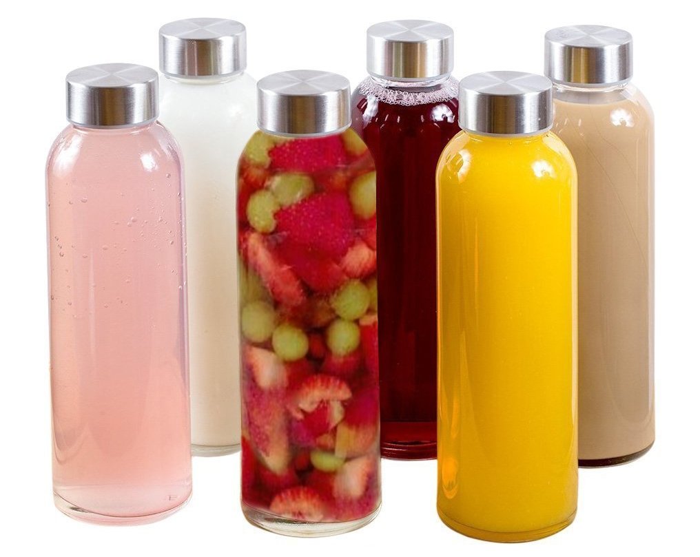 Brieftons Borosilicate Glass Water Bottles With Caps: Clear, 6 Pack, 18 Oz, Heat Resistant, Slim, Easy To Store, Leakproof Lids,