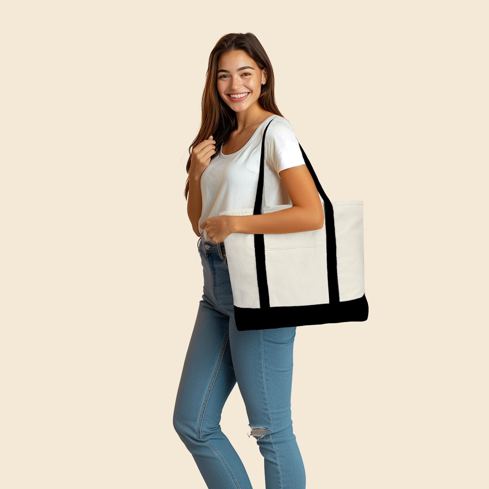 Dalix 22'' Large Cotton Canvas Zippered Shopping Tote Grocery Bag In Black