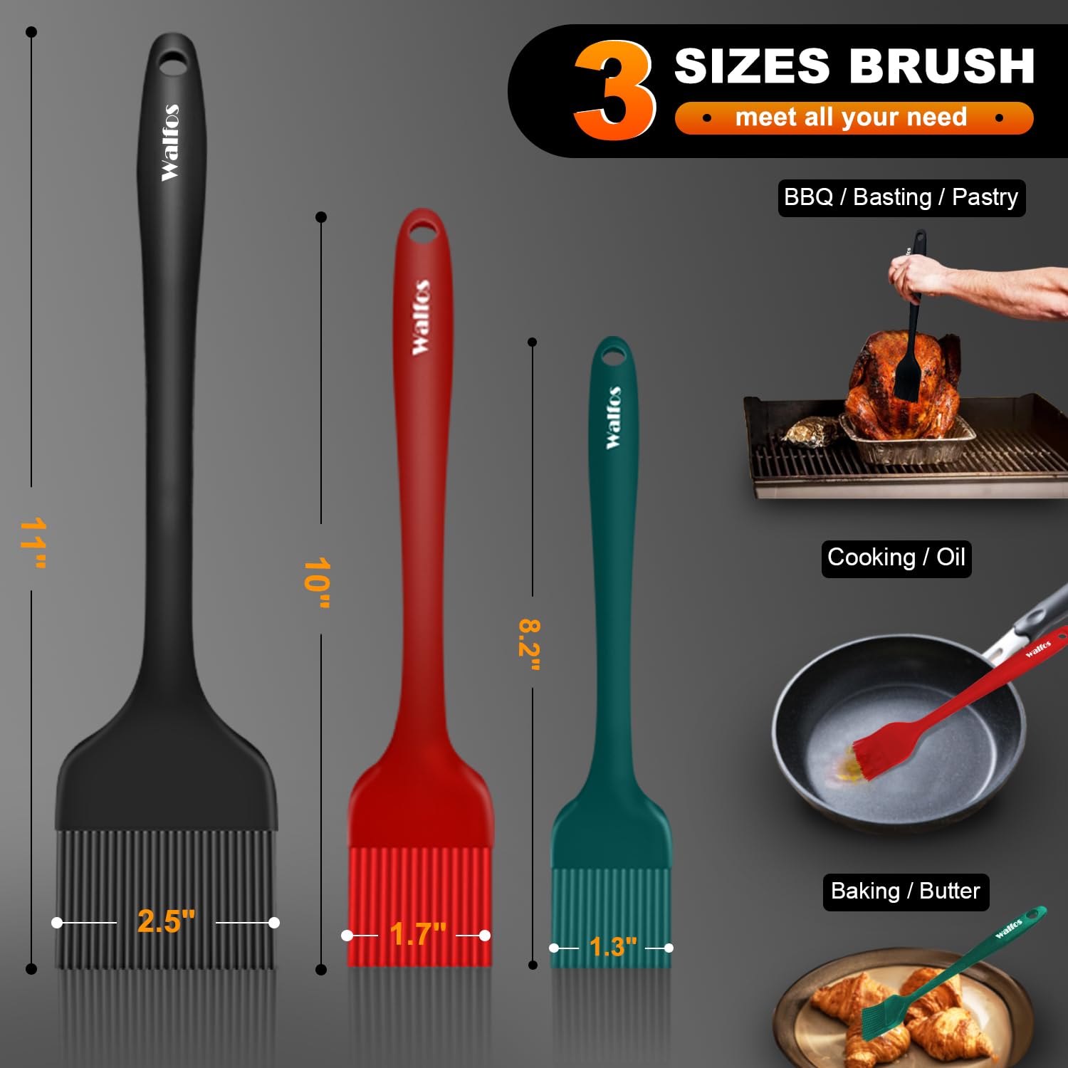 Walfos 3 Size Basting Pastry Brush, Silicone Pastry Brushes For Barbecue, Baking, Desserts, Cooking Brush For Kitchen - Strong S