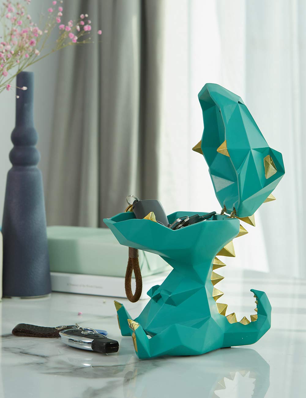 Haucoze Dinosaur Cookie Jar Candy Dish Dino Gifts Sculpture Home Decor Modern Room Accessories Pop Arts Polyresin Green 7.1Inch