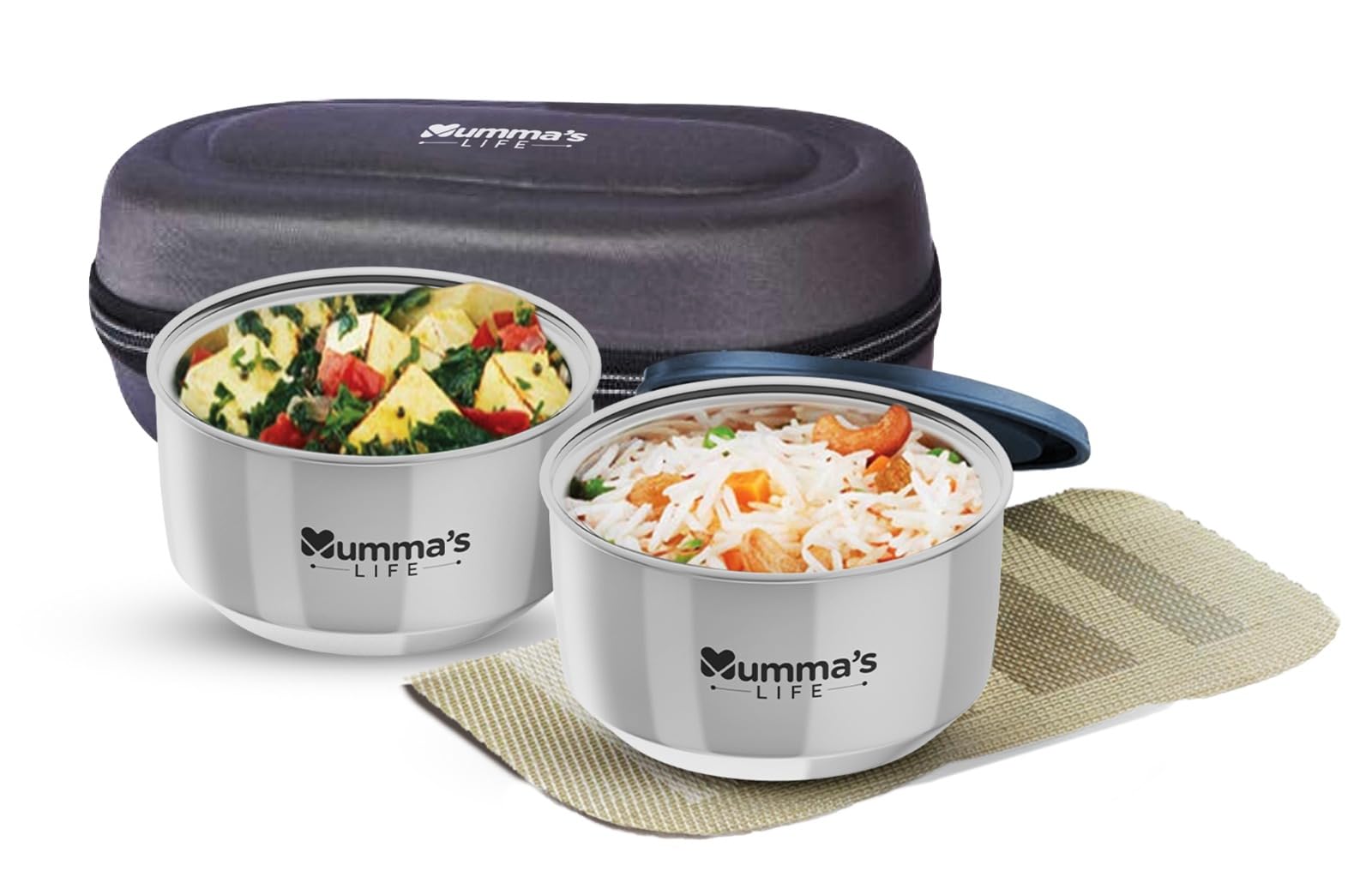 MummaS Life- Stainless Steel Lunch Box Set Of 2 (280 Ml Each) With Insulated Lunch Bag, Leak Proof Lunch Box For Office & Colle