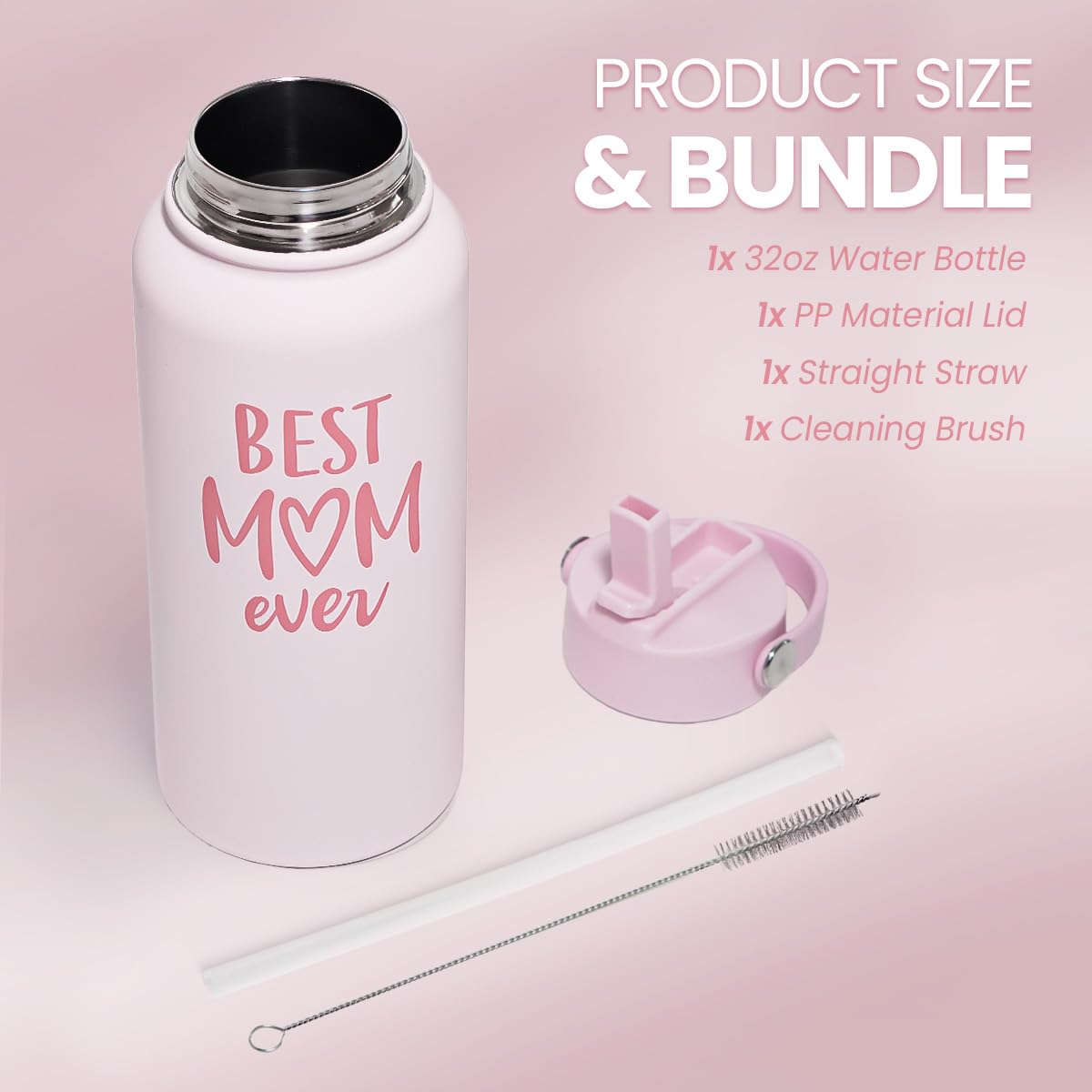 Mom Water Bottle, Best Mom Ever Bottles 32oz Stainless Steel Insulated with Lid, Gifts for Moms from Daughter Son, Gifts for Mot