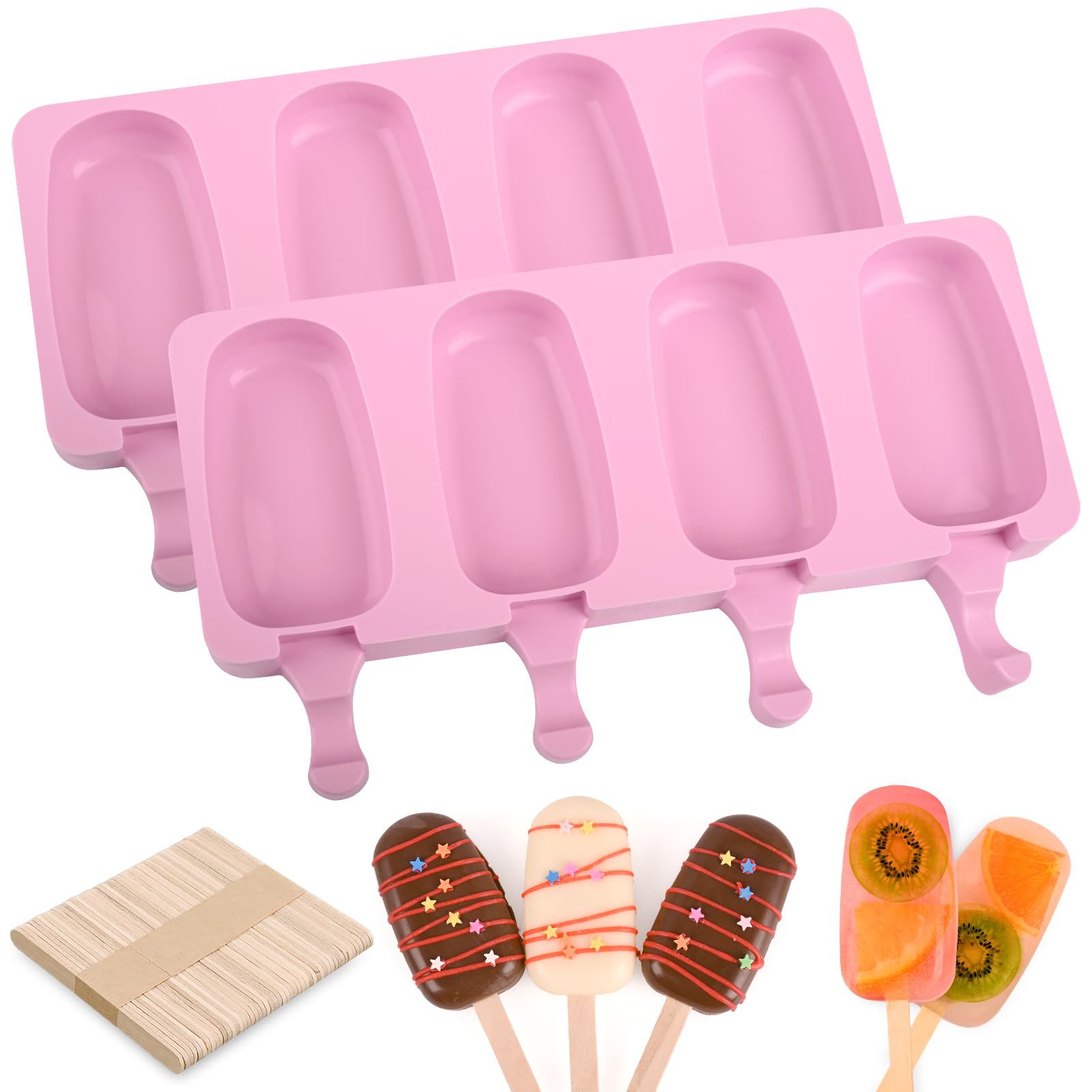Wmkgg Popsicle Silicone Molds Set, 2 Pcs Ice Cream Molds With 50 Wooden Sticks For Cake Pop, Ice Pop, Cakesicles (Standard Size/