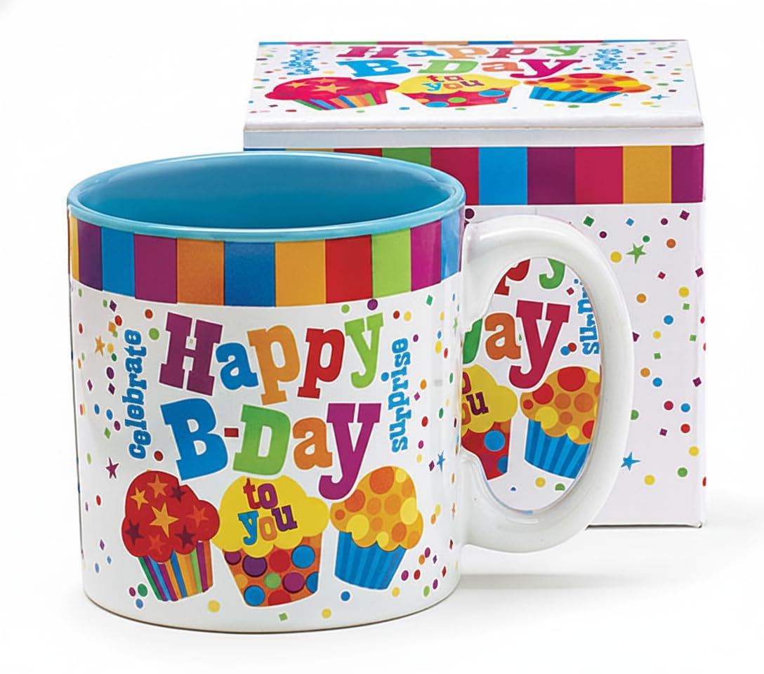 burton + Burton Festive Happy Birthday To You Ceramic Coffee Mug, 13 oz Cupcake & Polka Dot Design with Blue Interior, Include