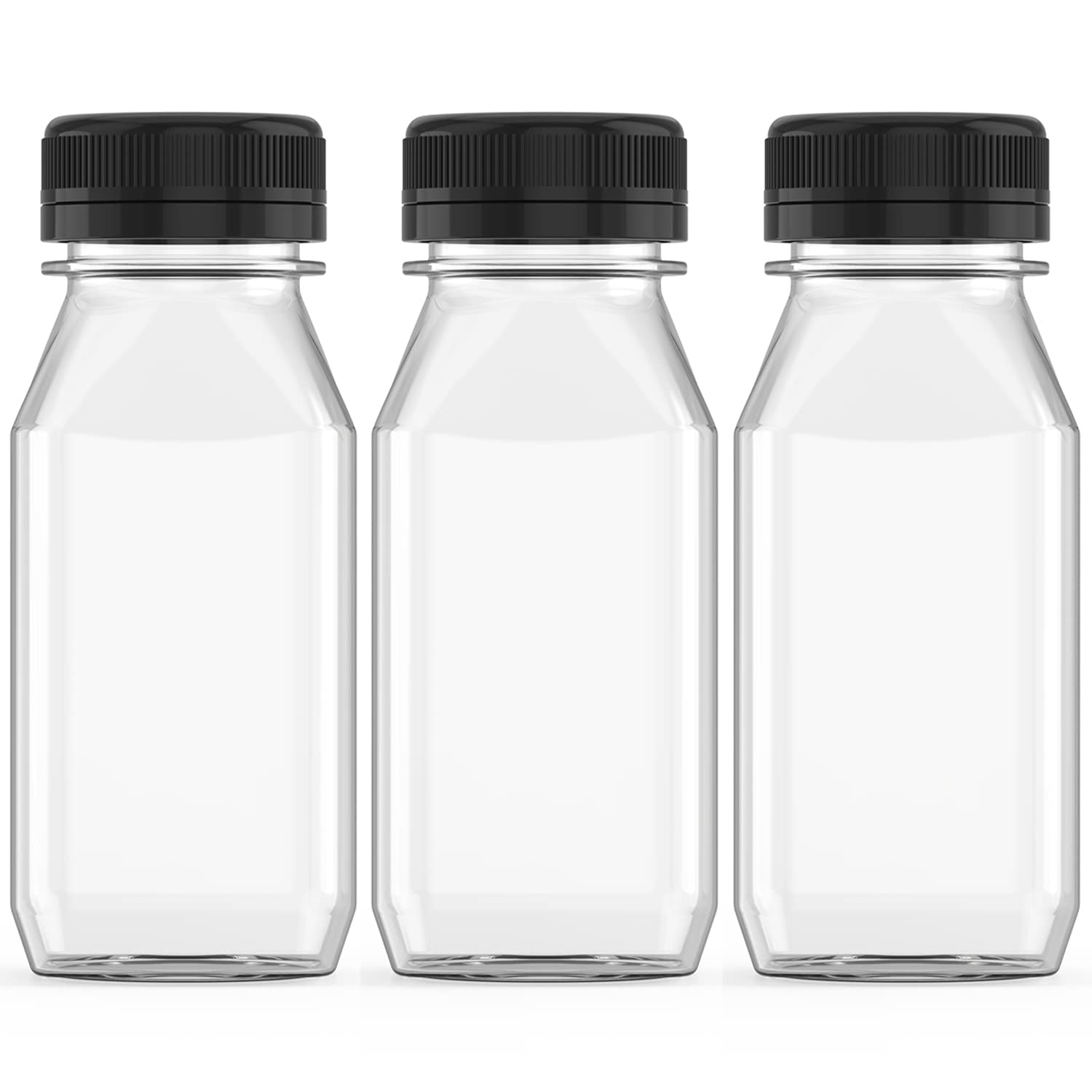 3 Pcs 8 Oz Plastic Juice Bottle Reusable Transparent Bulk Beverage Containers For Juice, Milk And Other With Black Lids