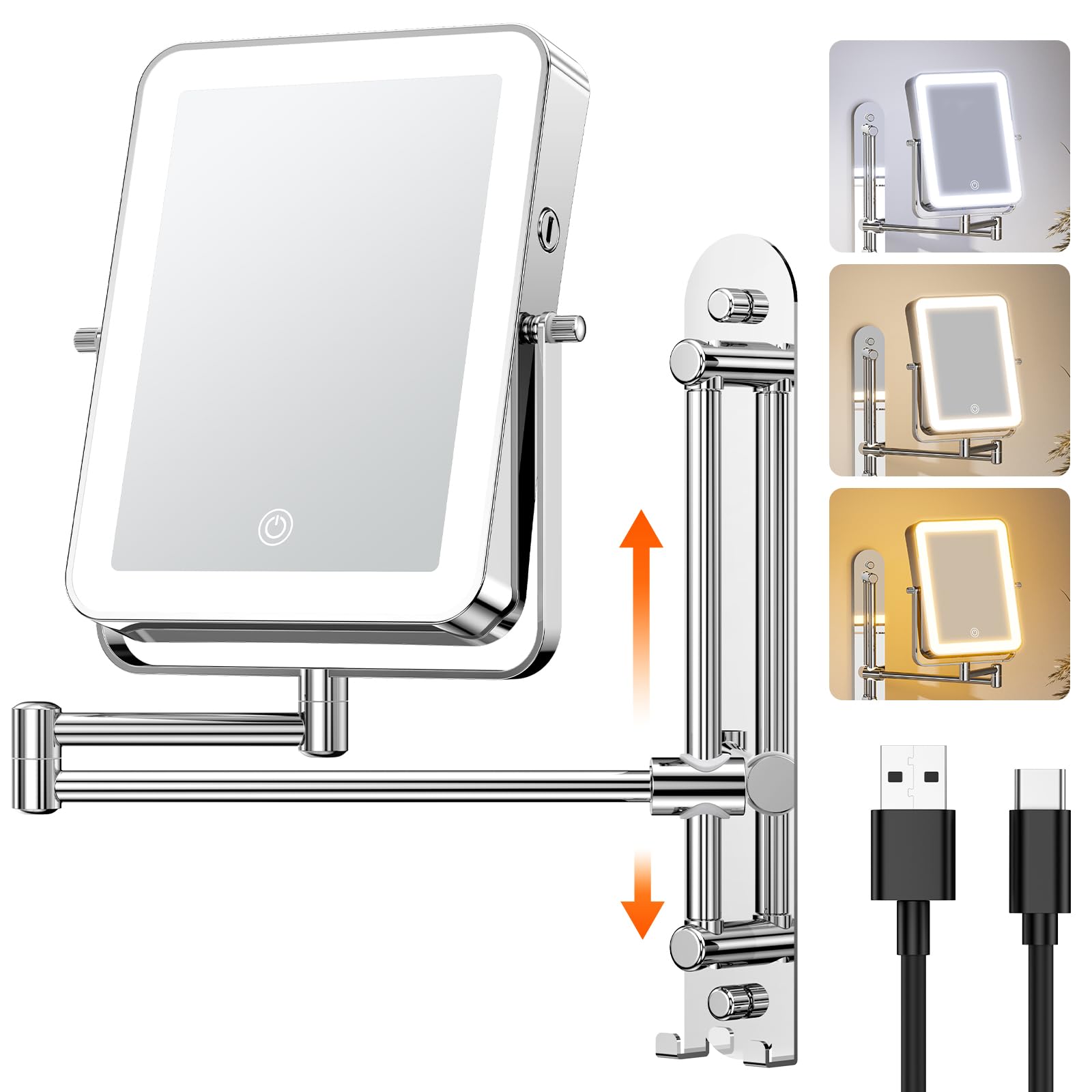 Gospire Height Adjustable Wall Mounted Lighted Makeup Mirror With Hooks, 3000Mah Rechargeable With 1X/10X Magnification, 3 Light