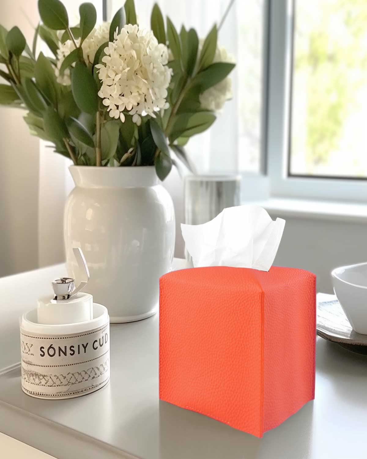 Orange Tissue Box Cover Square - Tissue Box Holder With Bottom Belt [Jesmini] Modern Pu Leather Tissue Holder For Home Fall Deco