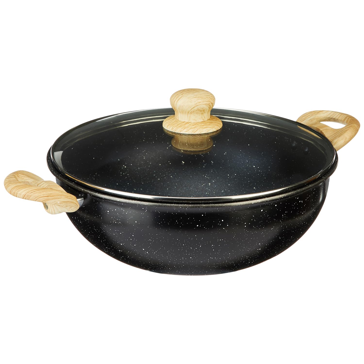 Amazon Brand - Solimo Non Stick Kadhai With Glass Lid | 28 Cm | Granite Finish | Induction Bottom | Wooden Finish Soft Touch Han