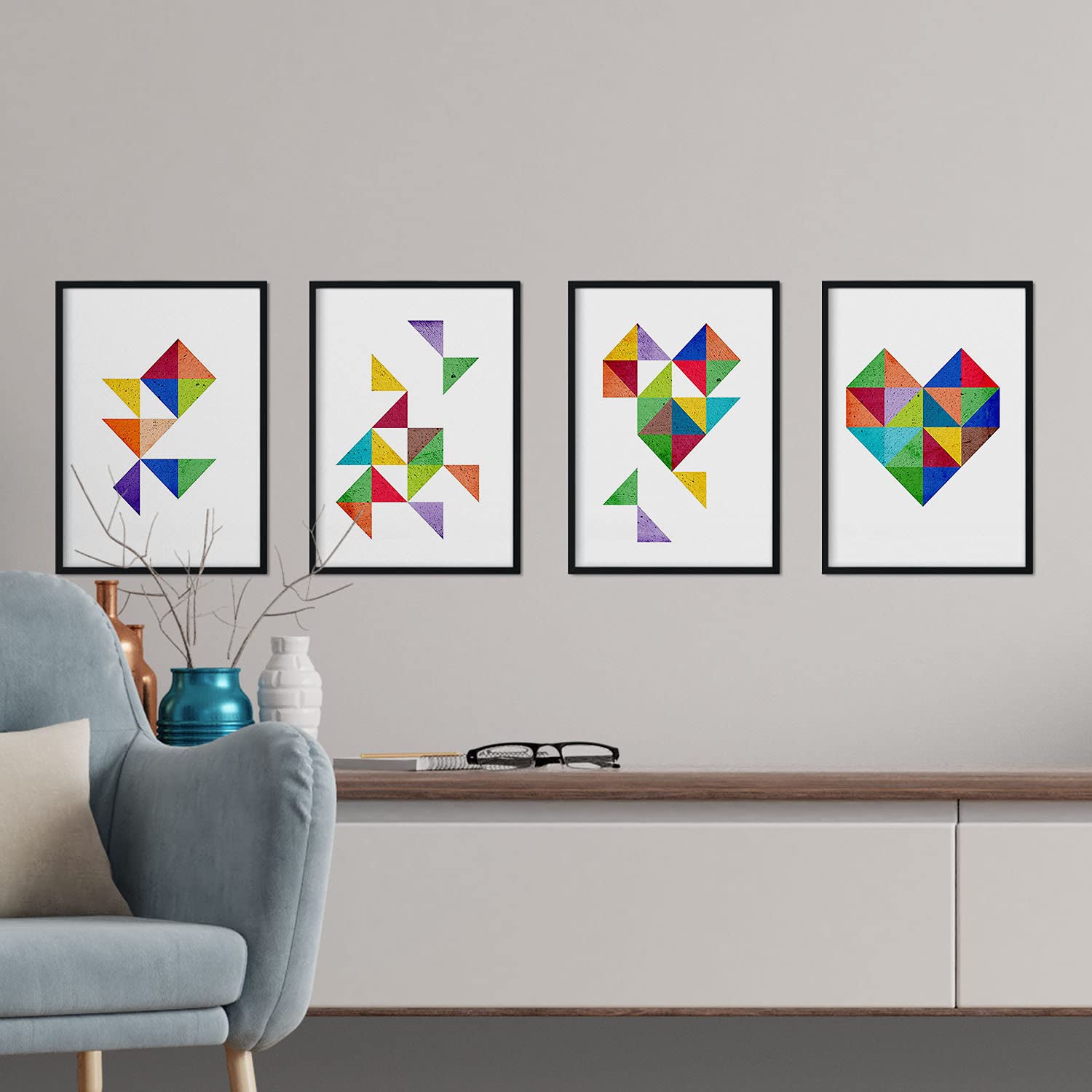 Nacnic Prints Geometric Hearts, Nordic Style - Set Of 4-250G Paper - Beautiful Poster Painting For Home Office Living Room