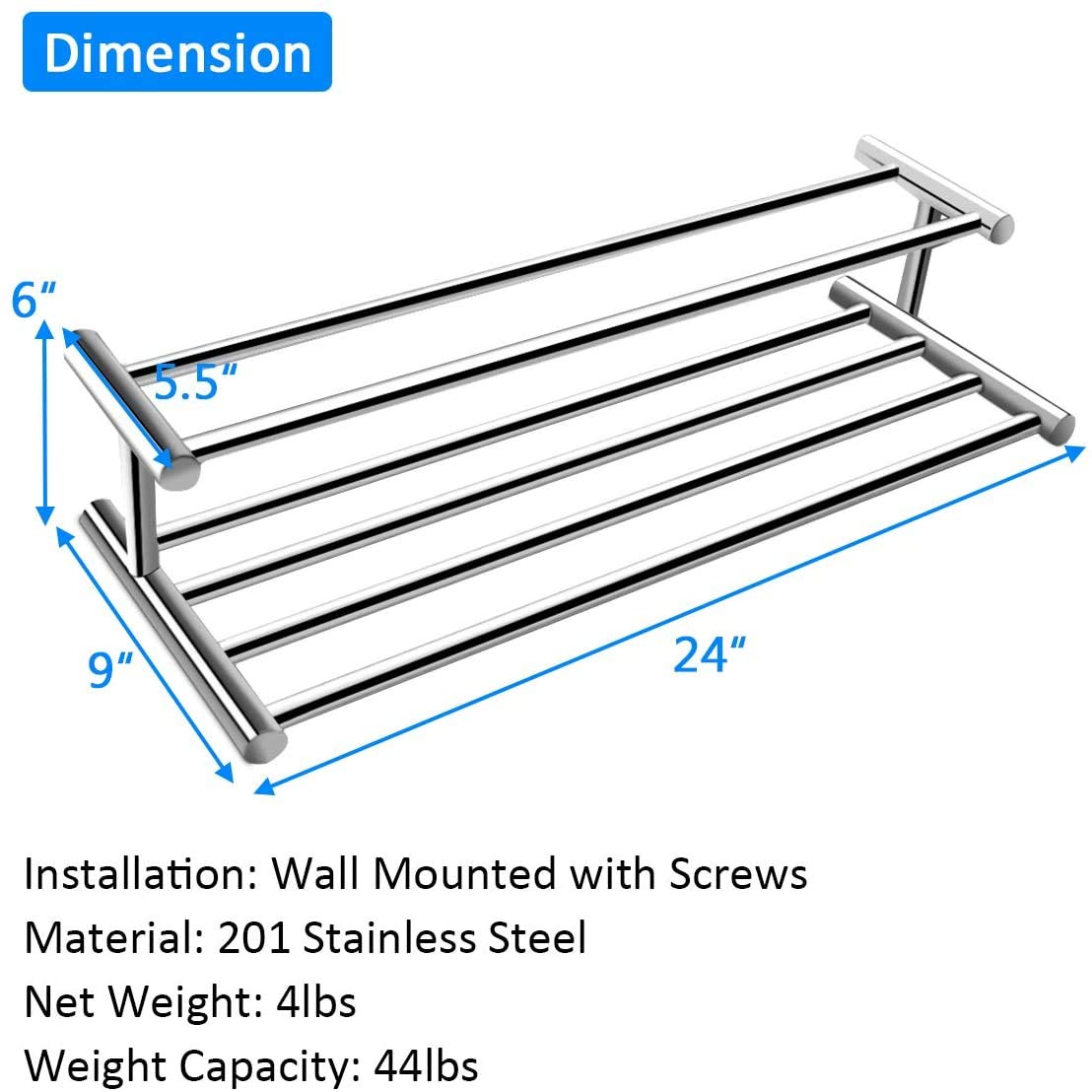 Alfaview 24'' Towel Rack, Stainless Steel Metal Towel Bar, Wall-Mounted Towel Holder Organizer Towel Shelf Storage Rail For Bath