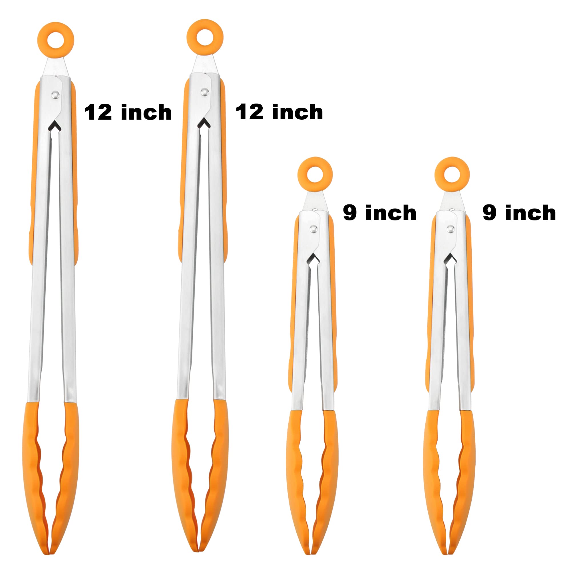4 Pack Orange Kitchen Tongs, Premium Silicone Bpa Free Non-Stick Stainless Steel Bbq Cooking Grilling Locking Food Tongs, 9-Inch