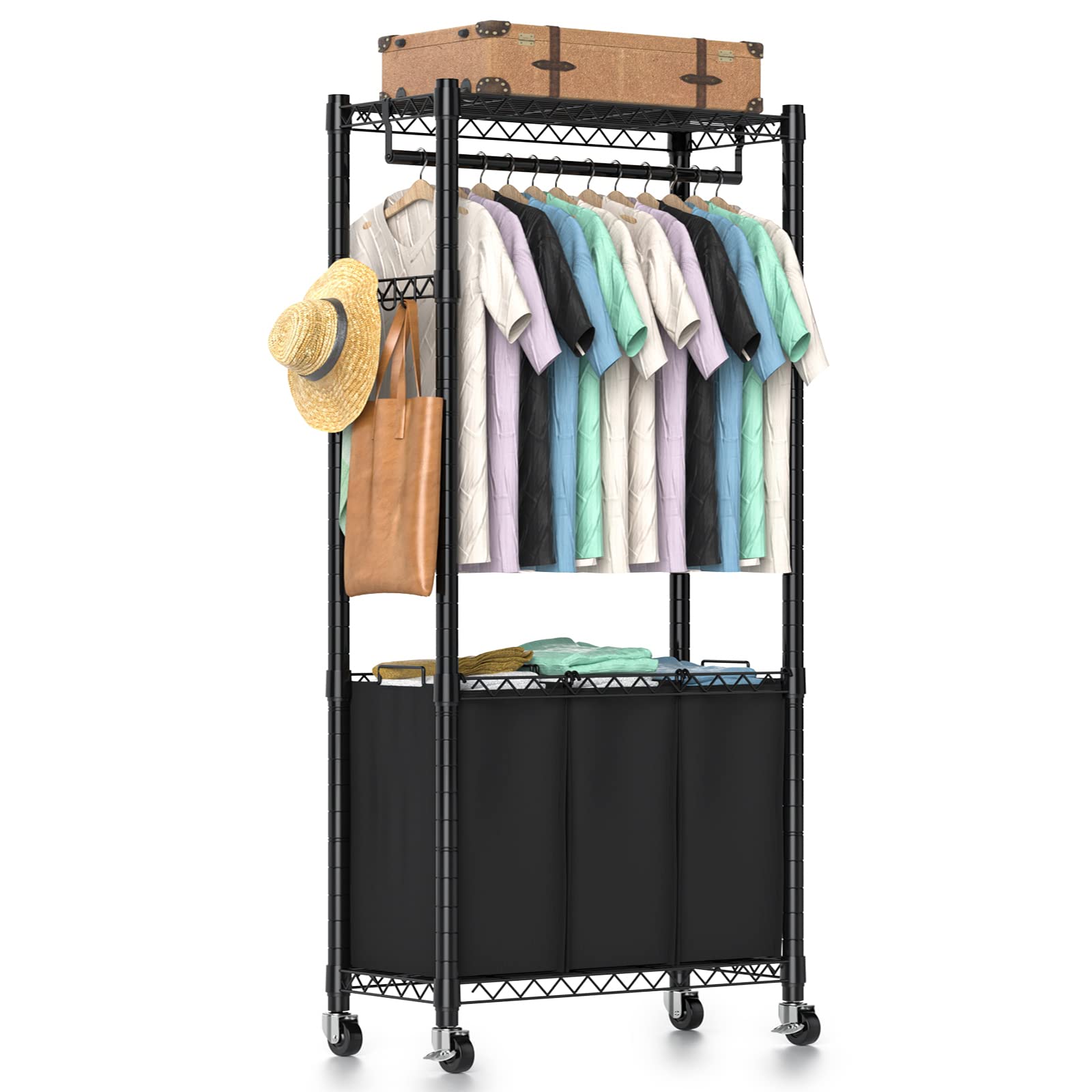 Hodonas Rolling Laundry Basket Organizer With Wheels And Hanging Bar, Laundry Hamper Cart Laundry Sorter 3 Section, Dirty Clothe