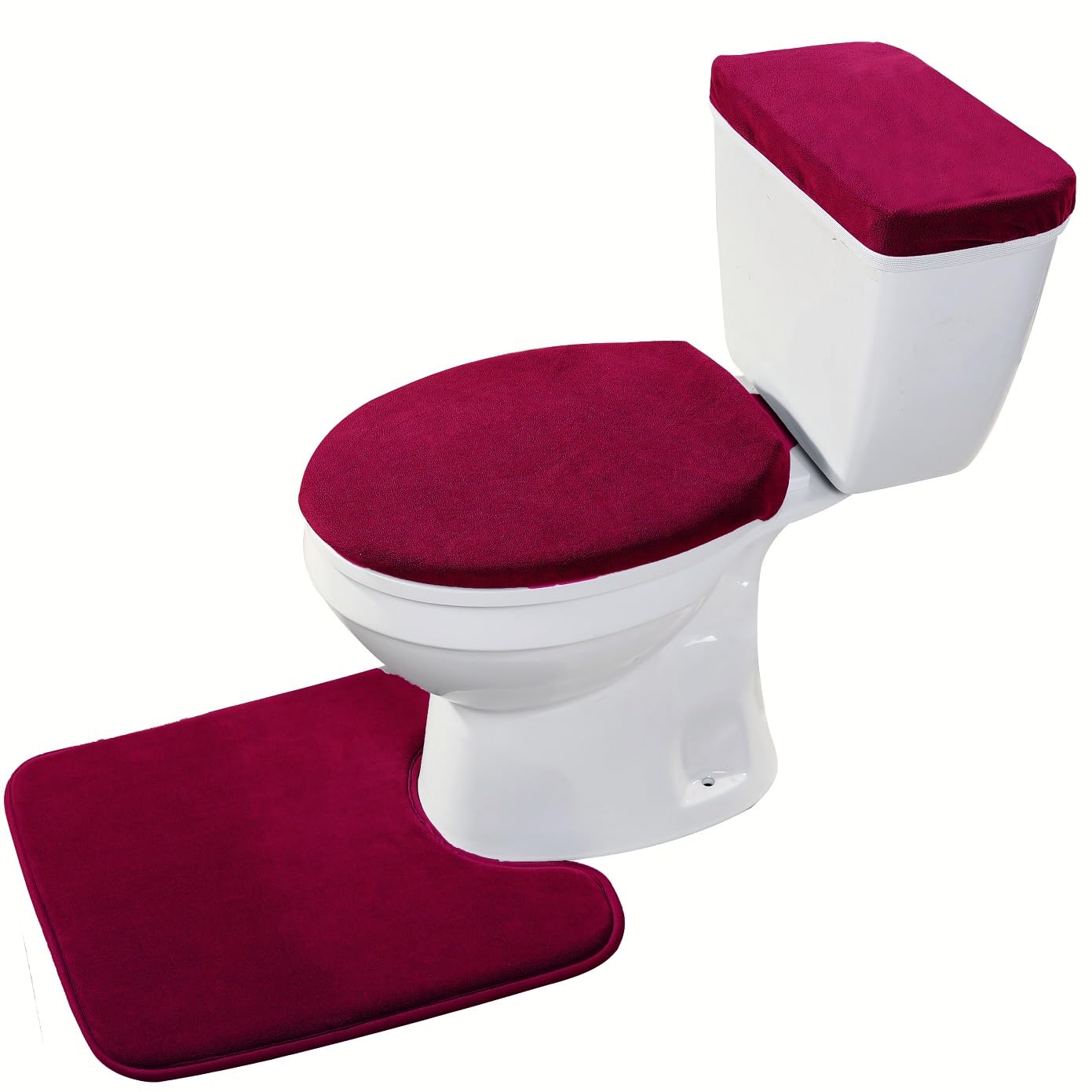Madeals Velvet Toilet Lid Cover And Tank Lid Cover With Toilet Mat Memory Foam 3 Piece Toilet Contour Mat Set Burgundy