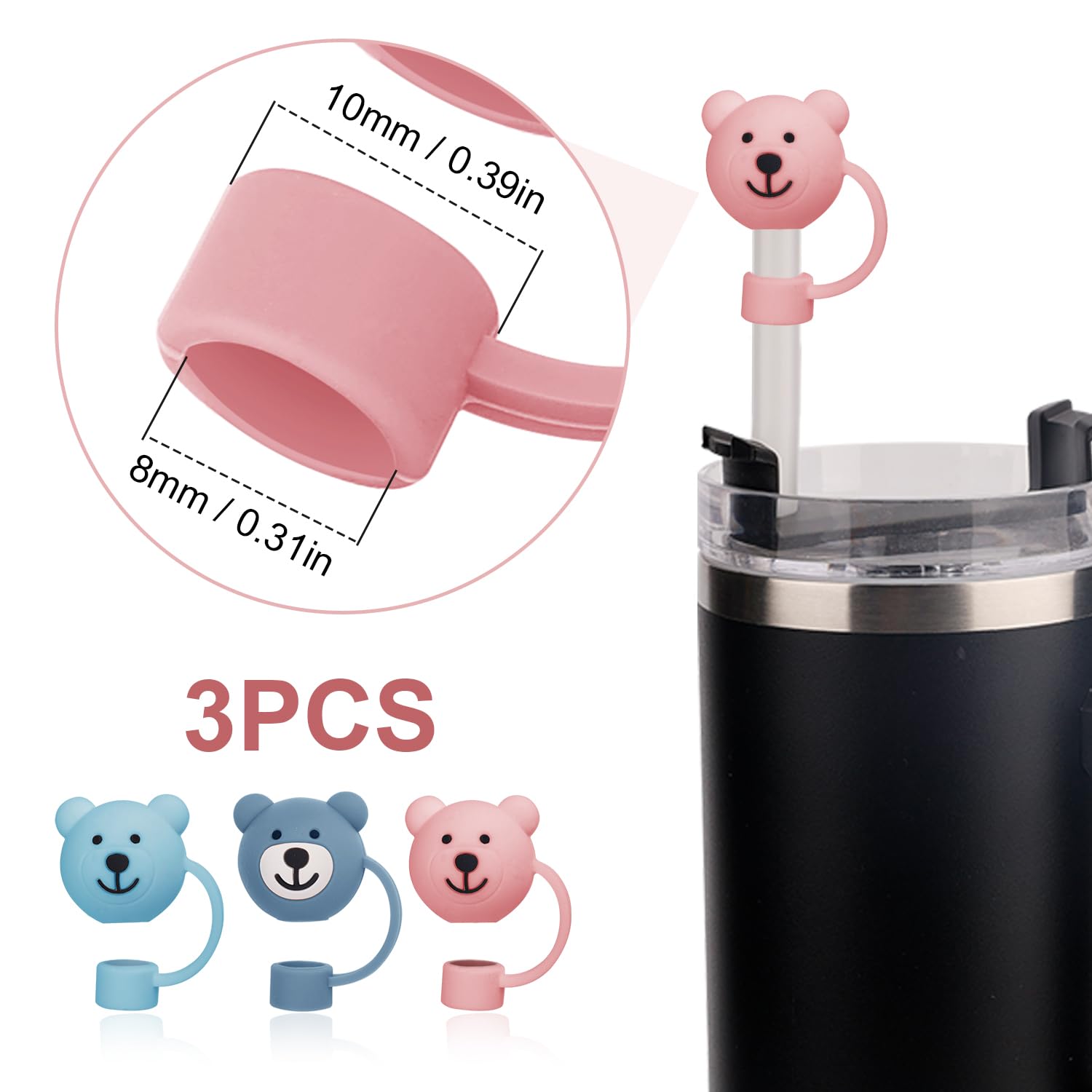 3pcs?Bear Straw Covers Cap for Stanley Cup 40 oz ?Cartoon Soft Straw Protector Cover?Cute Straw Covers Cap Silicone?Straw Tips?for Stanley 20/30/40oz (Blue  Light Blue  Pink)
