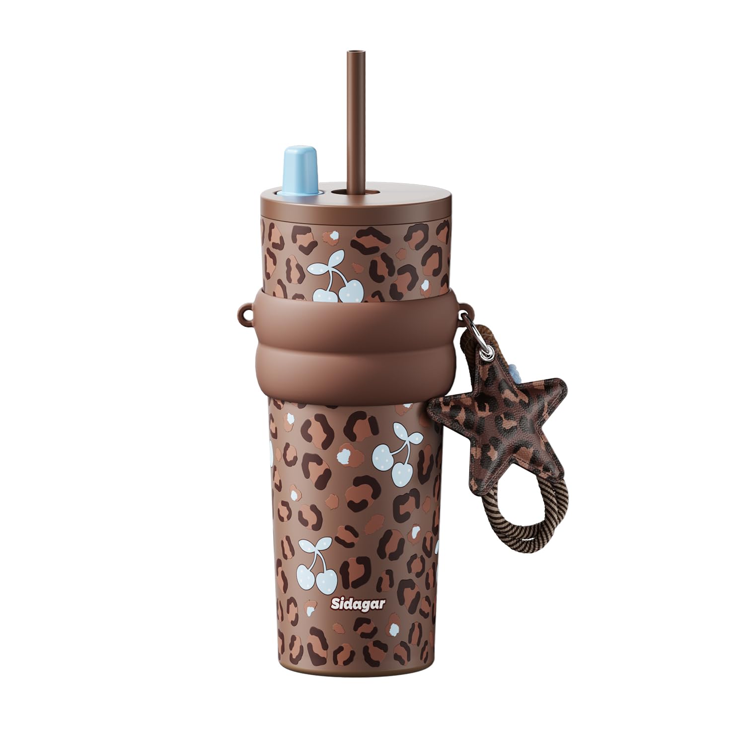 Sidagar 24 oz Insulated Tumbler with Straw and Strap, Stainless Steel Travel Mug with Star Charm & Silicone Handle Boot, Cute Ch