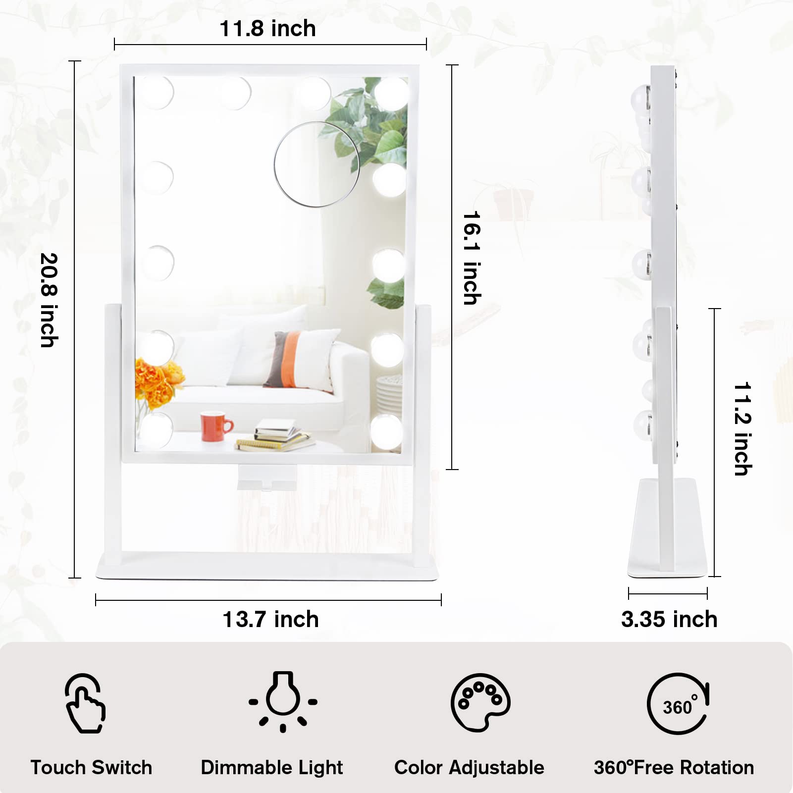 Bwllni Vanity Mirror With Lights, Hollywood Lighted Makeup Mirror With Phone Holder, Smart Touch Control, 3 Color Lighting Modes