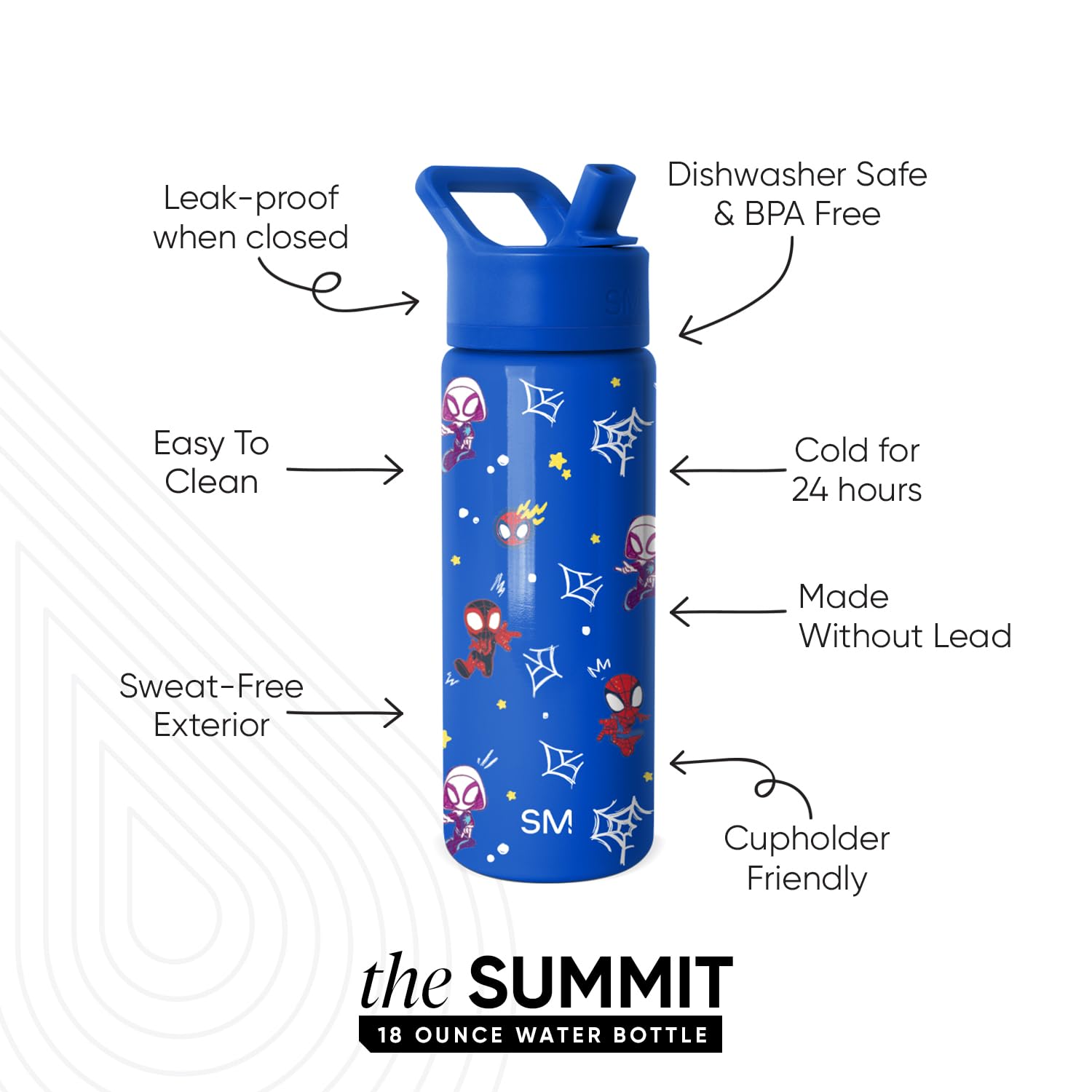 Simple Modern Kids Summit Water Bottle with Straw Lid | Marvel Spider-man 18oz Stainless Steel Cup Insulated Tumbler for Boys, S