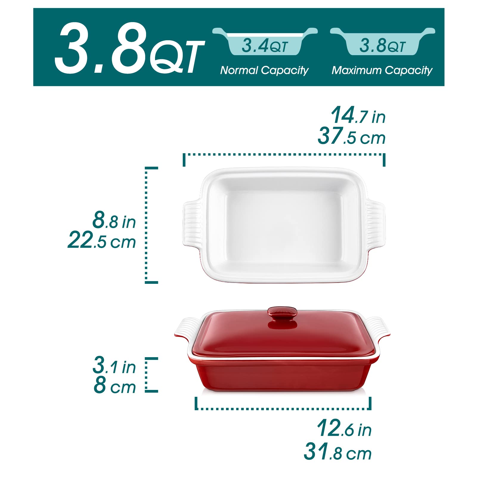 Vancasso Blossom Casserole Dish, 13X9 Baking Dish, 3.8 Quart Casserole Dish Set Lasagna Pan Deep With Lid Oven Safe, Red