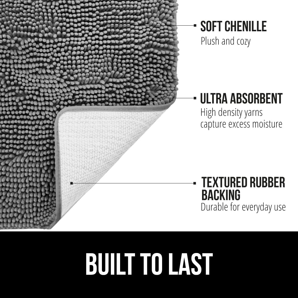 GORILLA GRIP Bath Rug Mat - Soft Chenille, Quick Dry, Rubber Backing, 24x17 inches, Grey, Model 811113034536